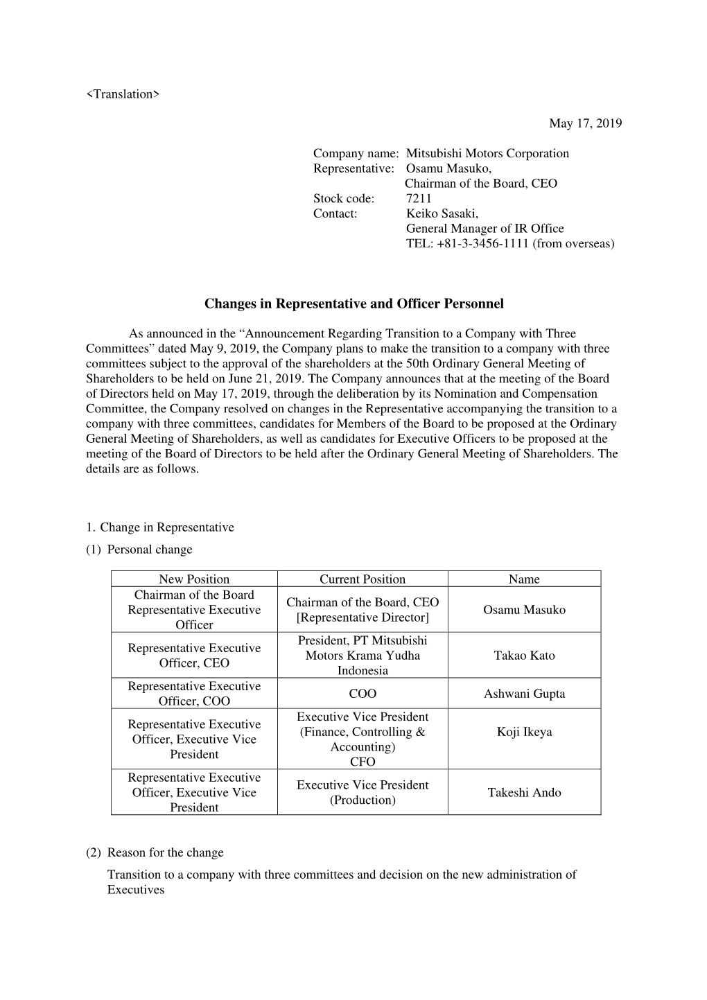 Changes in Representative and Officer Personnel