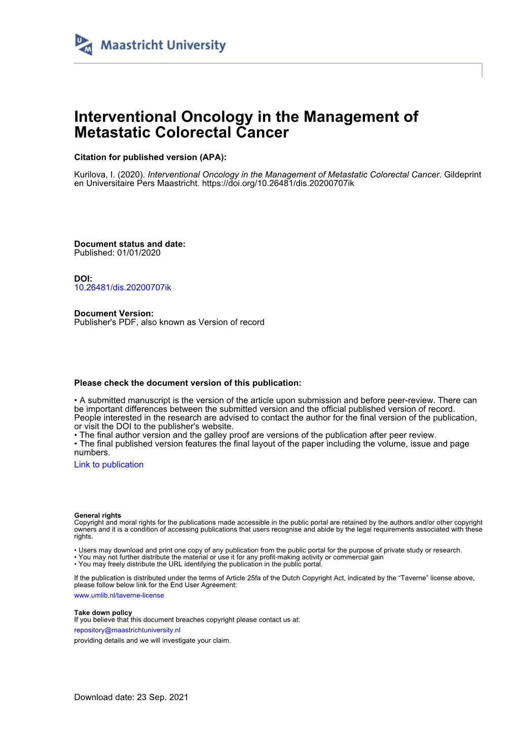 Interventional Oncology in the Management of Metastatic Colorectal Cancer