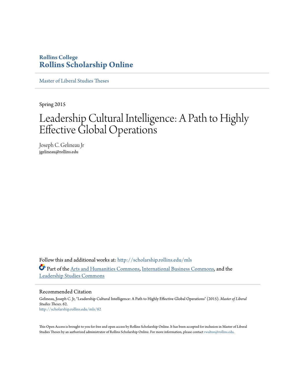 Leadership Cultural Intelligence: a Path to Highly Effective Global Operations Joseph C