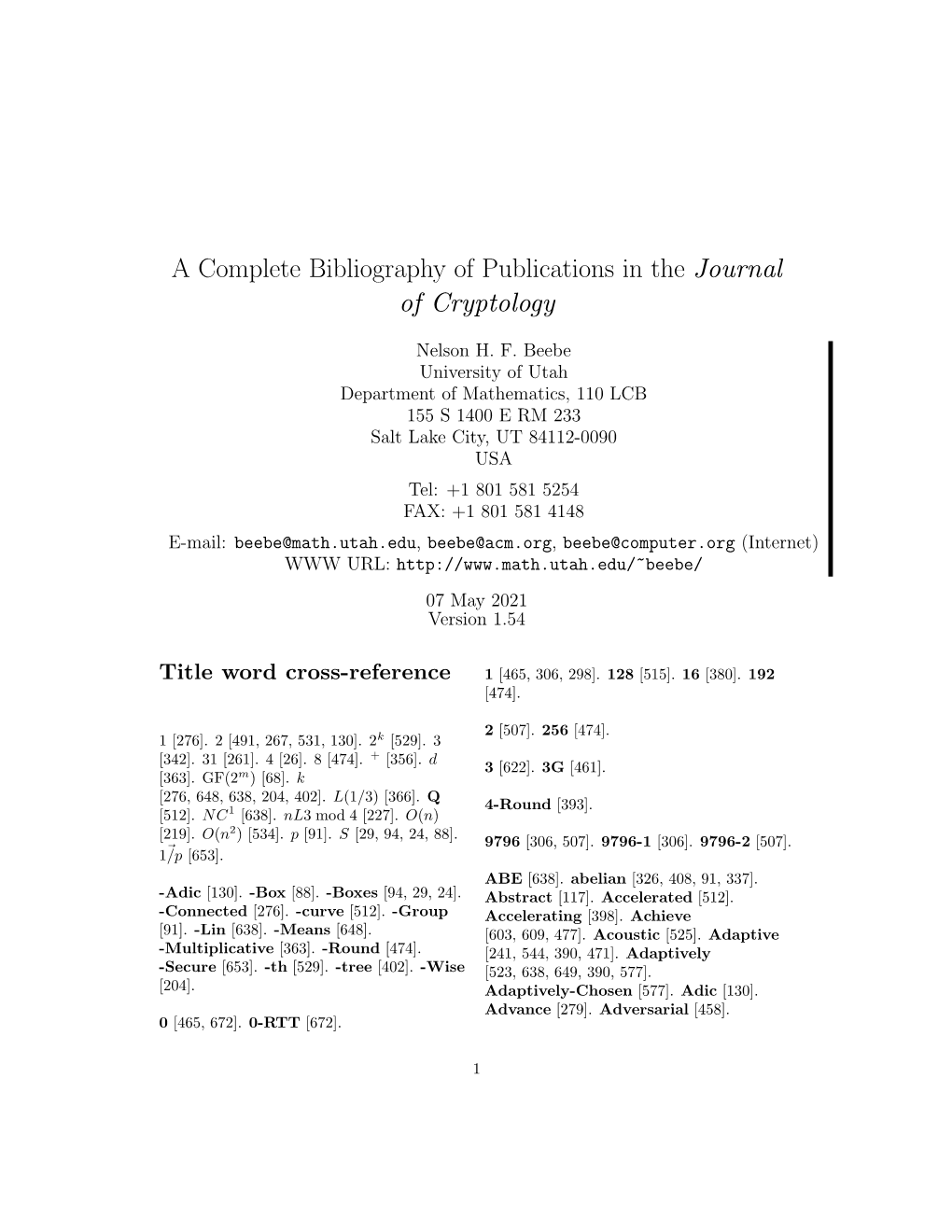 A Complete Bibliography of Publications in the Journal of Cryptology