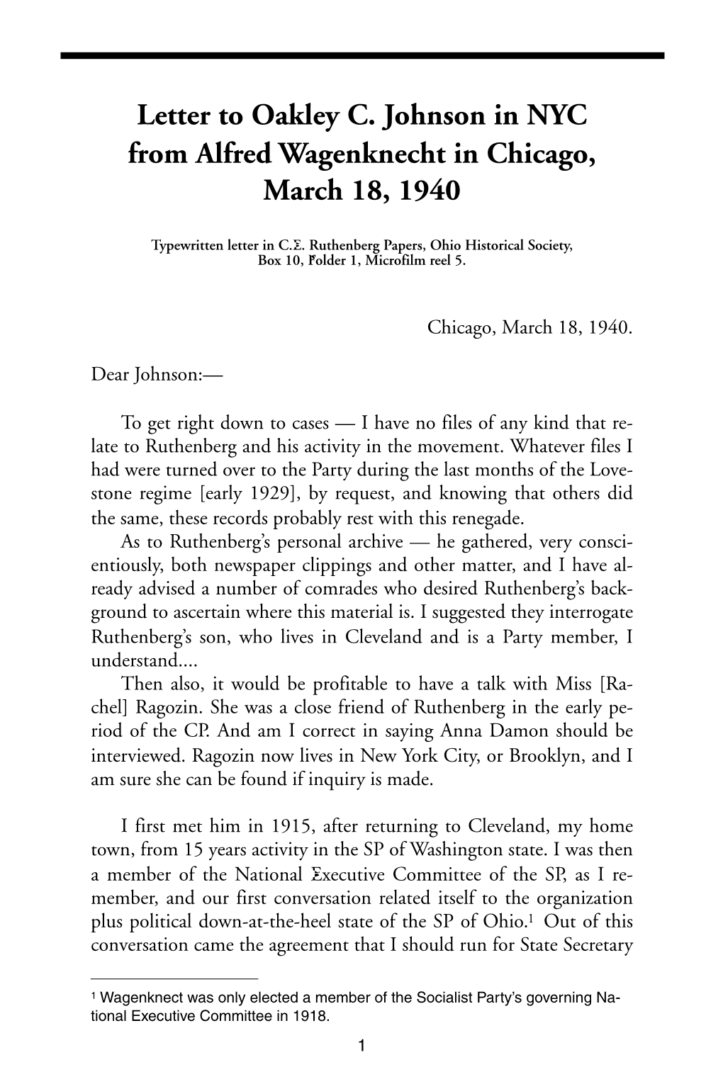 Letter to Oakley C. Johnson in NYC from Alfred Wagenknecht in Chicago, March 18, 1940
