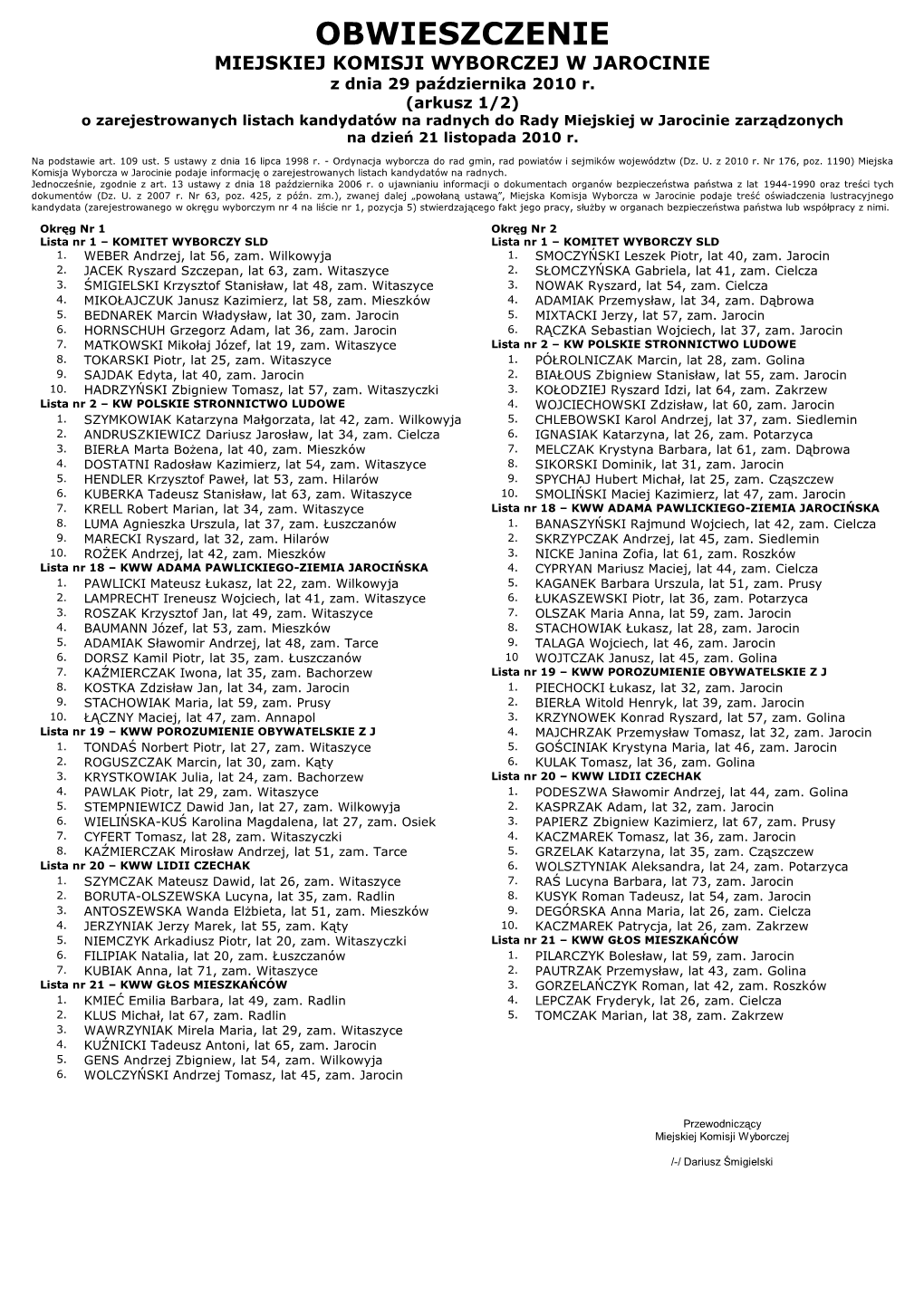 OBWIESZCZENIE MIEJSKIEJ KOMISJI WYBORCZEJ W JAROCINIE Z Dnia 29 Października 2010 R