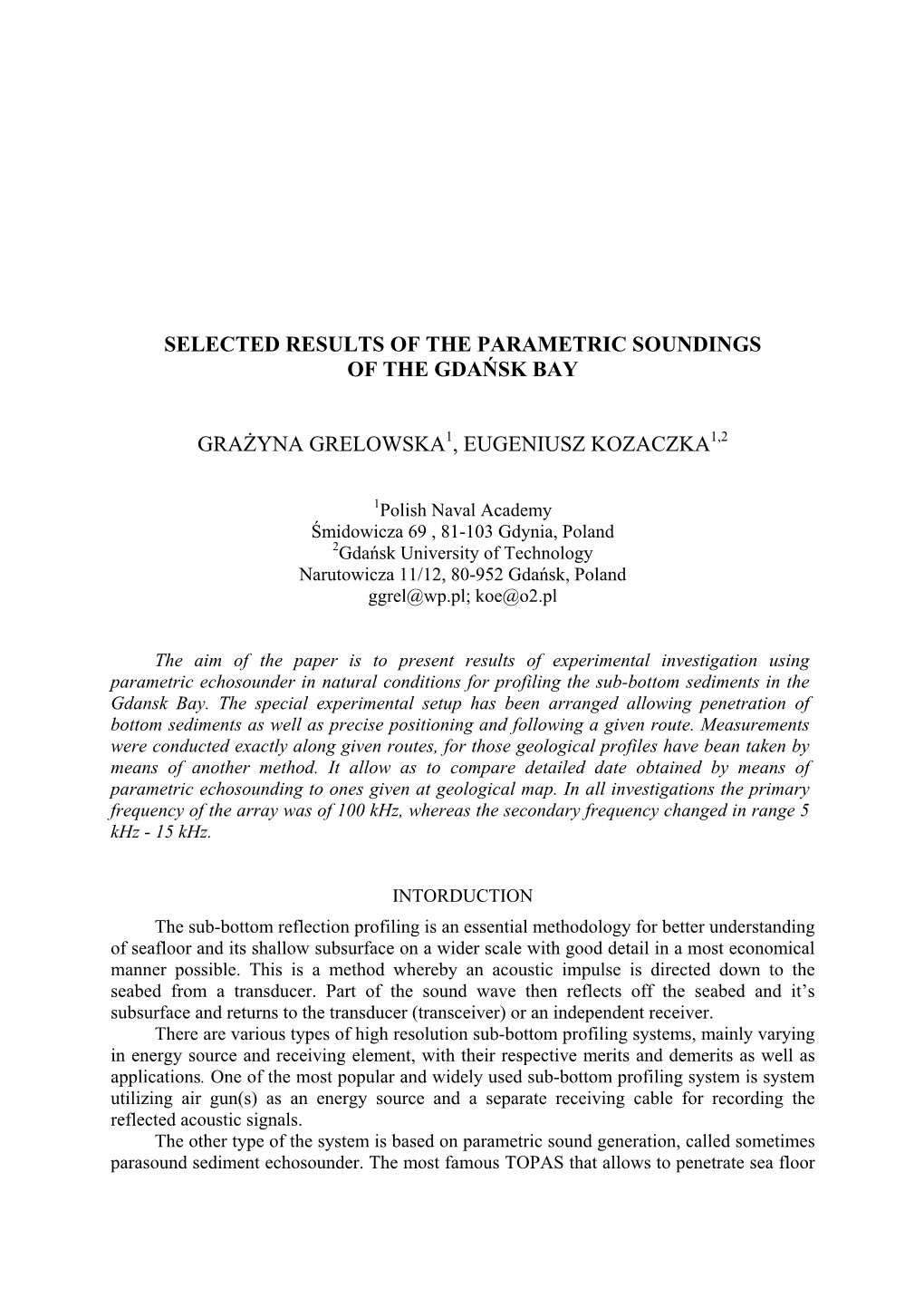 Selected Results of the Parametric Soundings of the Gdaￅﾄsk