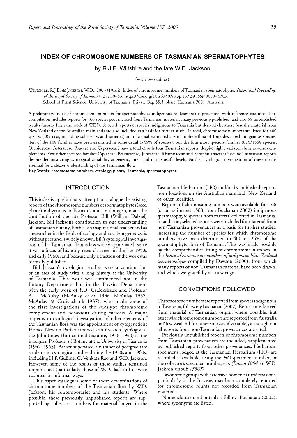 INDEX of CHROMOSOME NUMBERS of TASMANIAN SPERMATOPHYTES by R.J.E