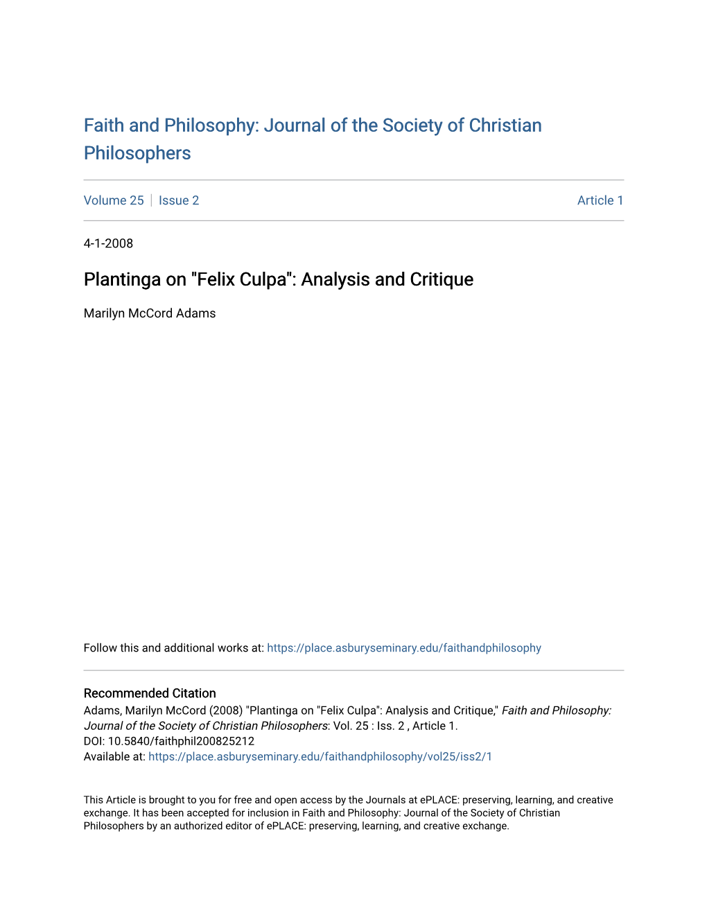 Plantinga on "Felix Culpa": Analysis and Critique