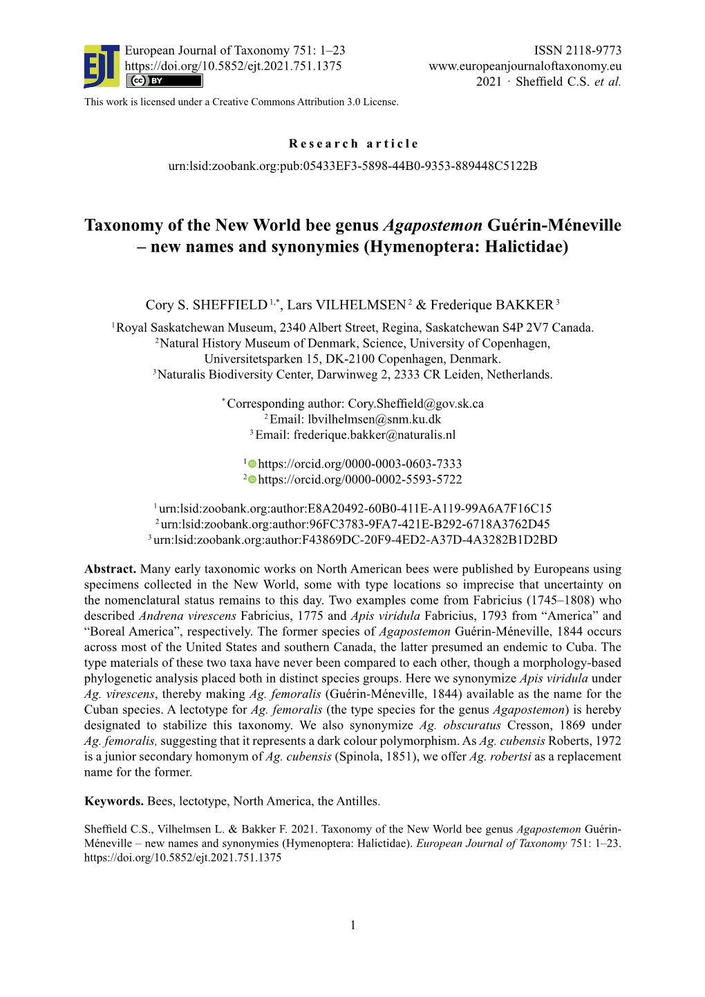 Taxonomy of the New World Bee Genus Agapostemon Guérin-Méneville – New Names and Synonymies (Hymenoptera: Halictidae)