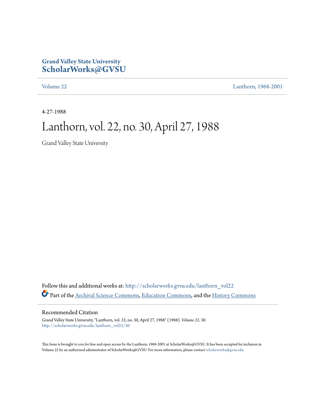 Lanthorn, Vol. 22, No. 30, April 27, 1988 Grand Valley State University