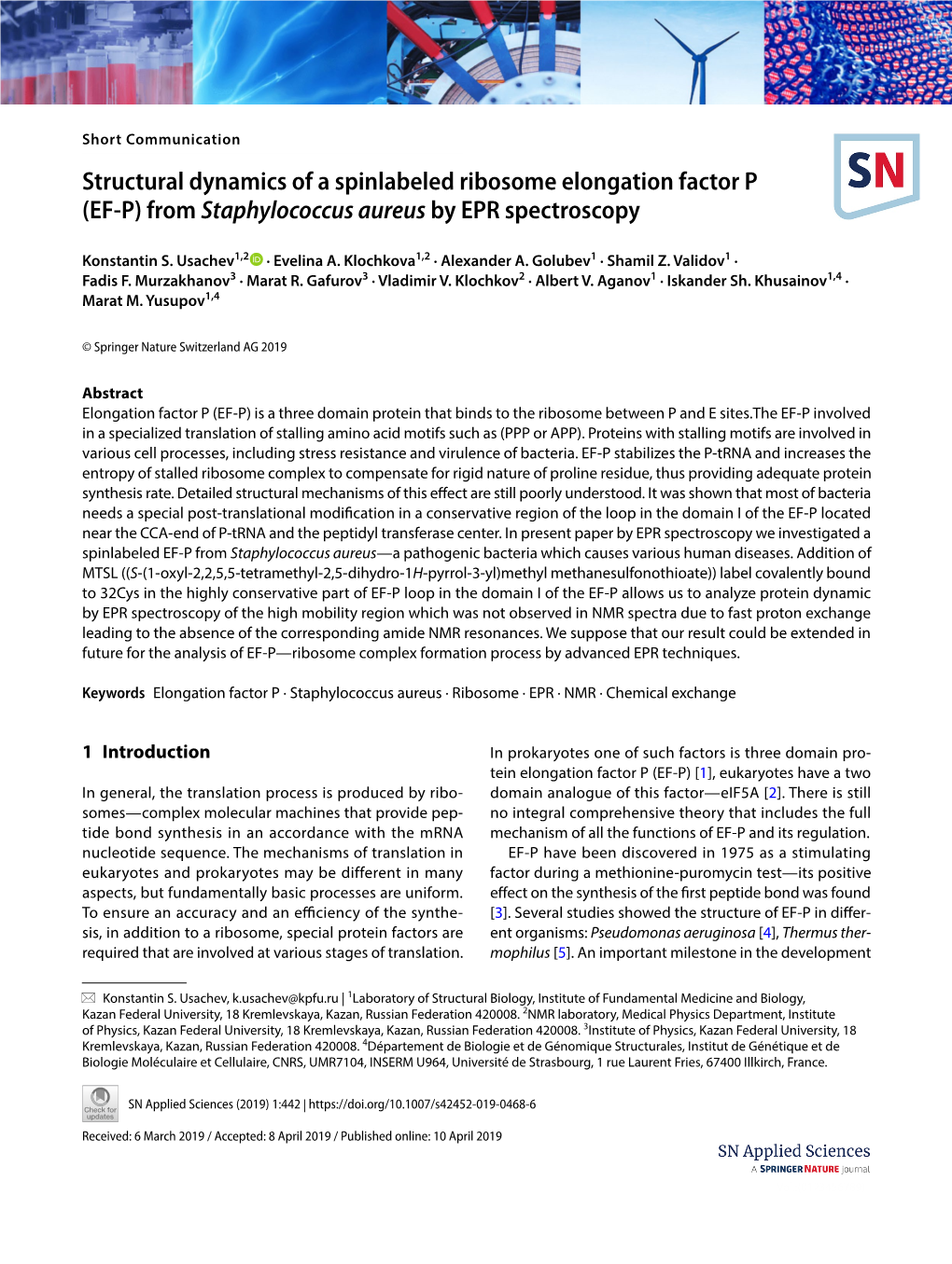 Structural Dynamics of a Spinlabeled Ribosome Elongation Factor P (EF-P) from Staphylococcus Aureus by EPR Spectroscopy