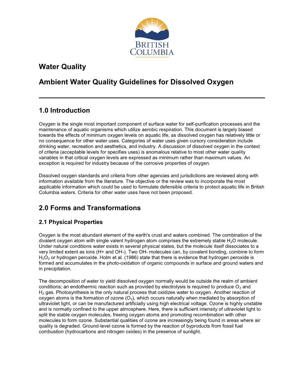 Water Quality Ambient Water Quality Guidelines for Dissolved Oxygen