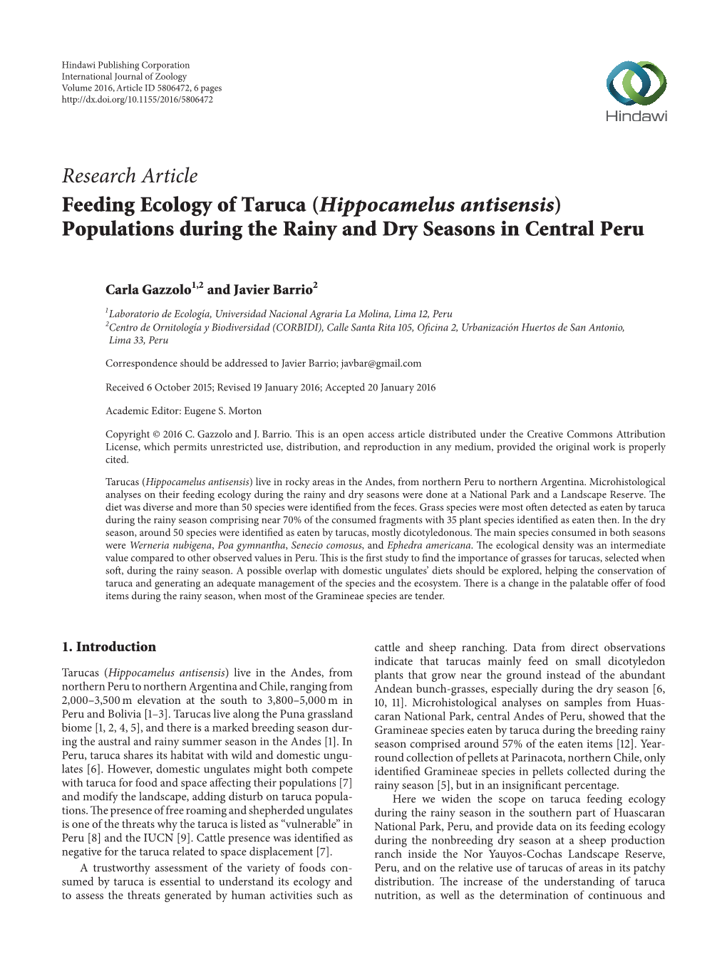 Feeding Ecology of Taruca (Hippocamelus Antisensis) Populations During the Rainy and Dry Seasons in Central Peru