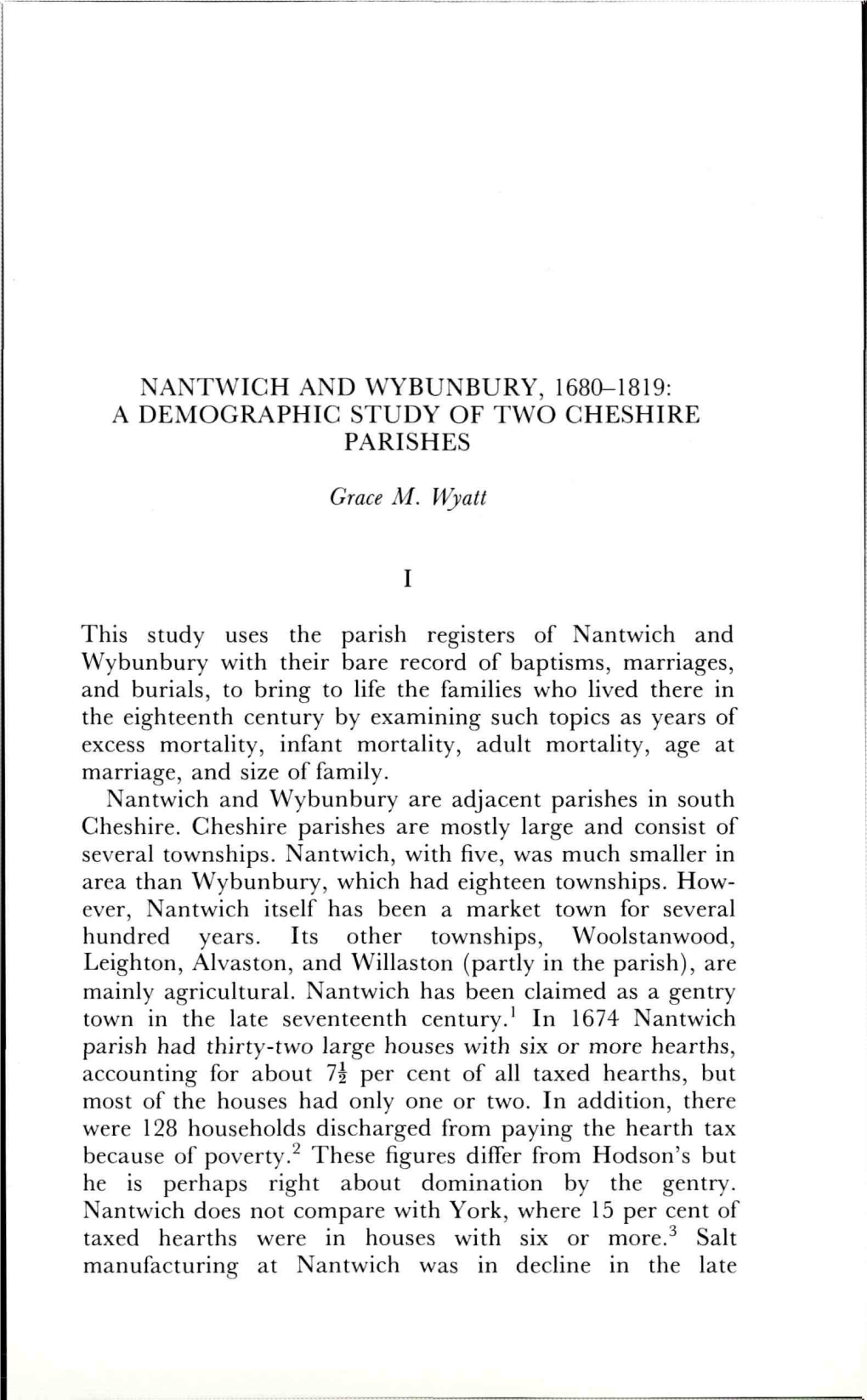 Nantwich and Wybunbury, 1680-1819: a Demographic Study of Two Cheshire Parishes