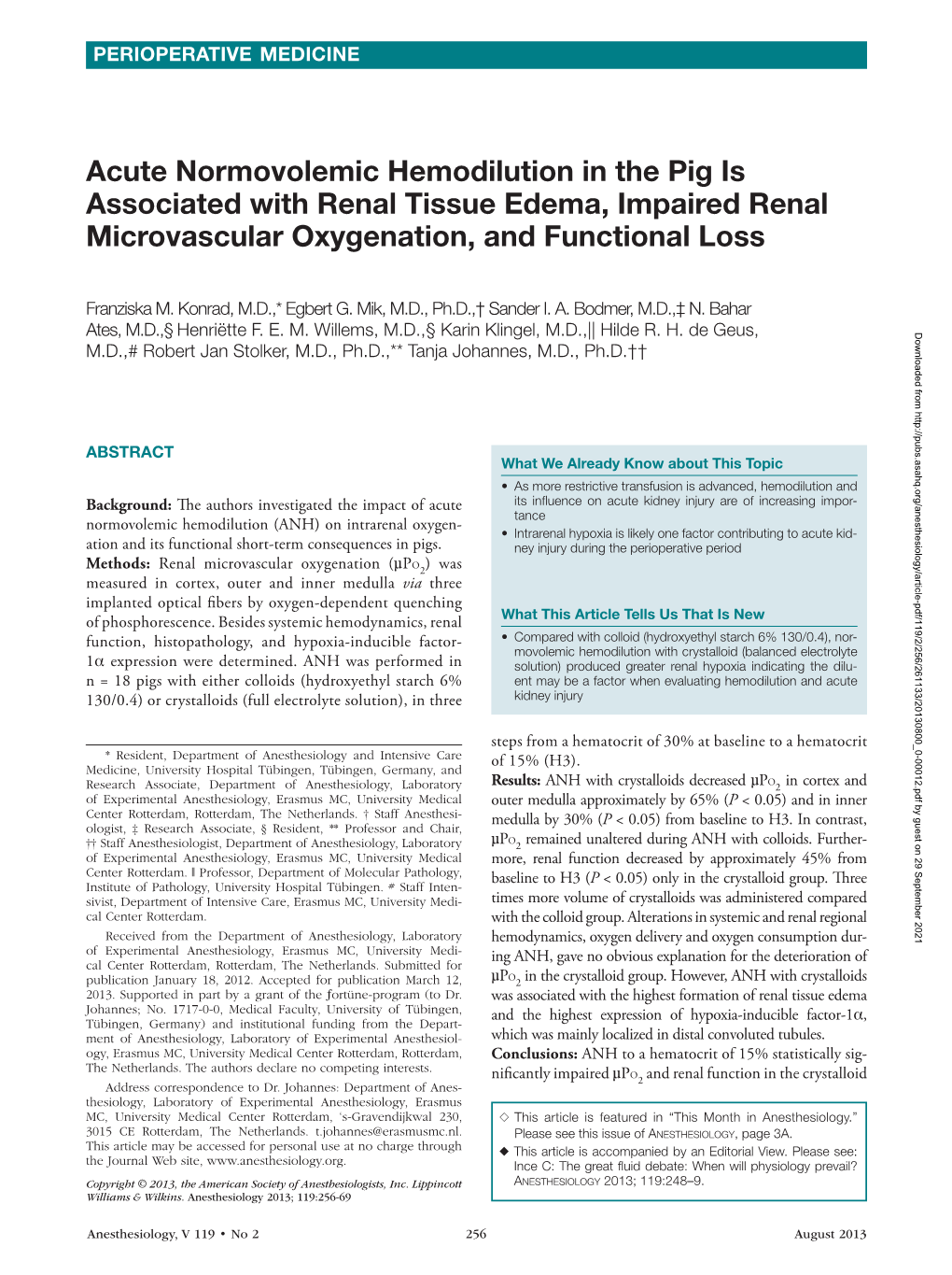 Acute Normovolemic Hemodilution in the Pig Is Associated with Renal Tissue Edema, Impaired Renal Microvascular Oxygenation, and Functional Loss