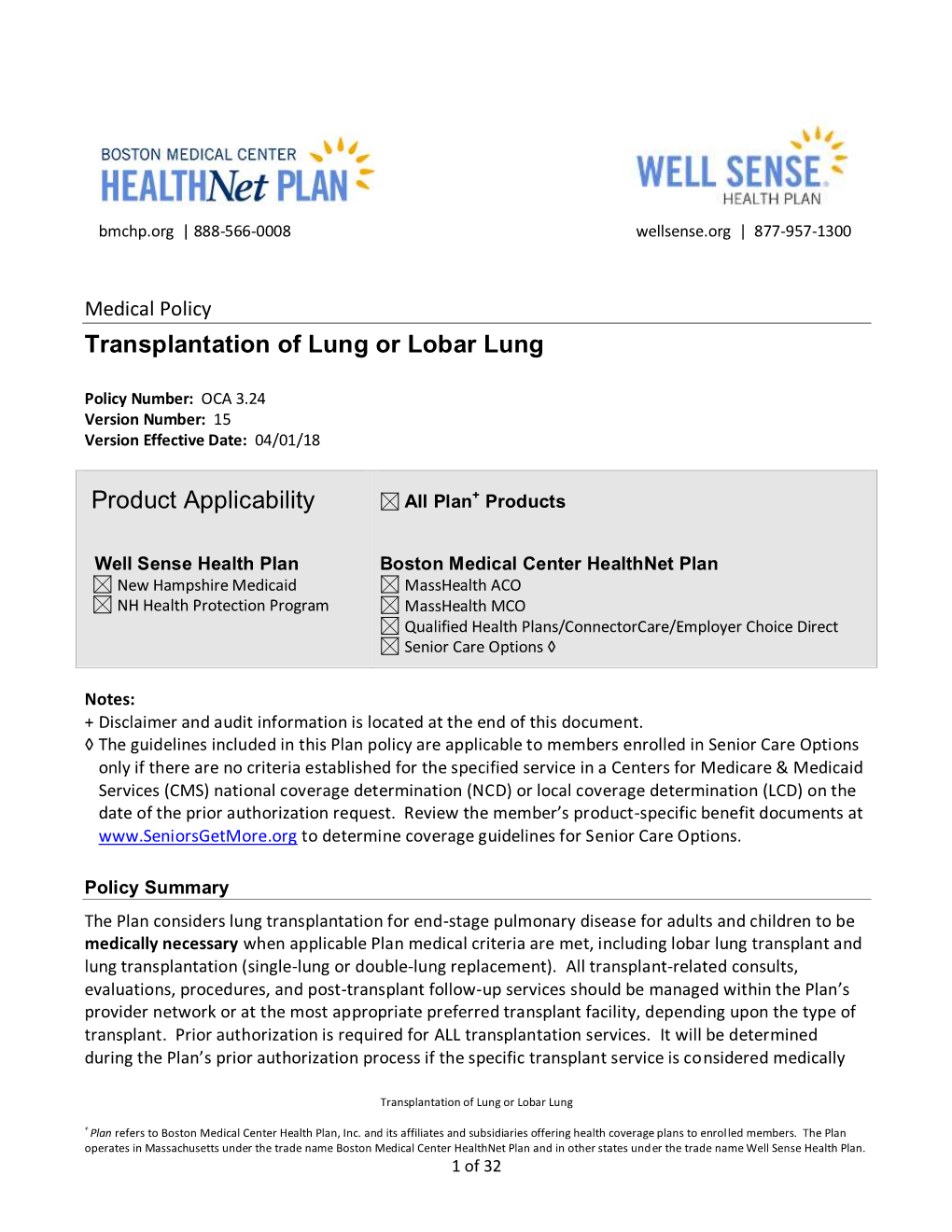 Transplantation of Lung Or Lobar Lung Product Applicability