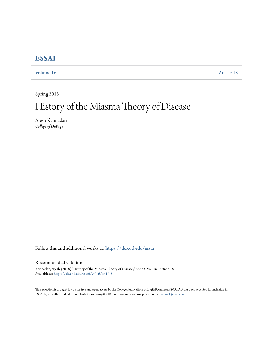 History of the Miasma Theory of Disease Ajesh Kannadan College of Dupage