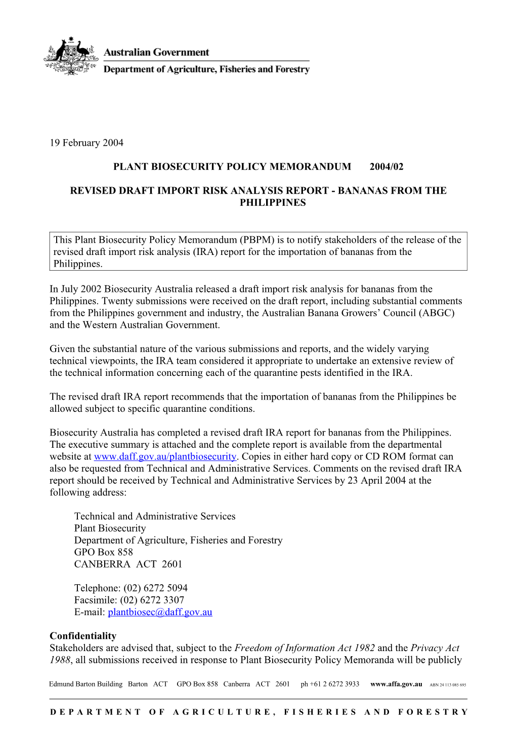 Plant Biosecurity Policy Memorandum 2004/02