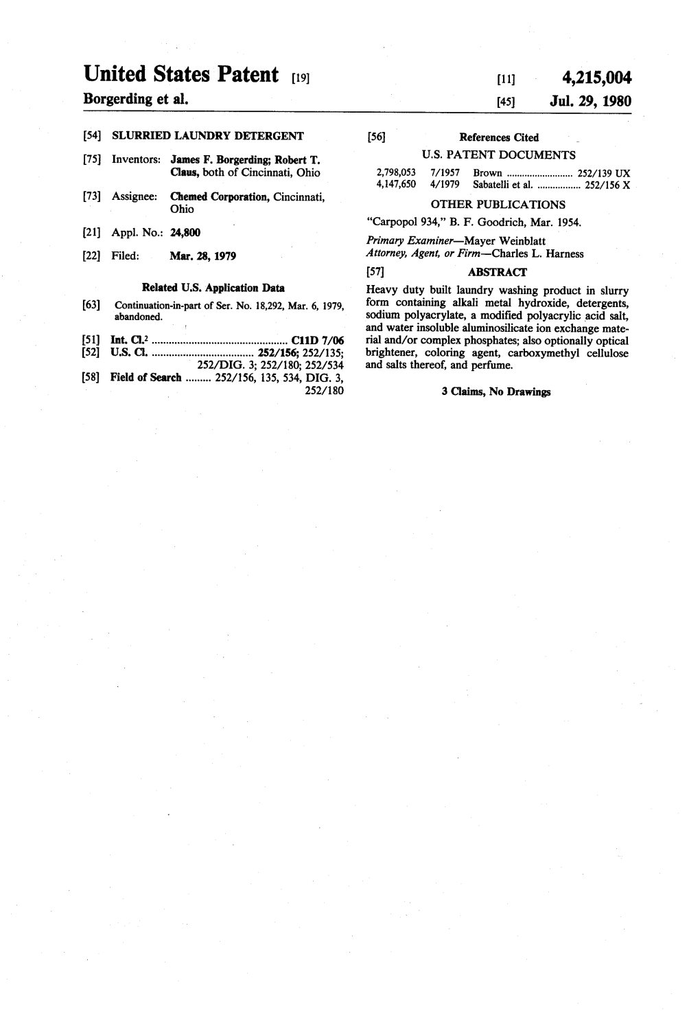 United States Patent (19) 11) 4,215,004 Borgerding Et Al