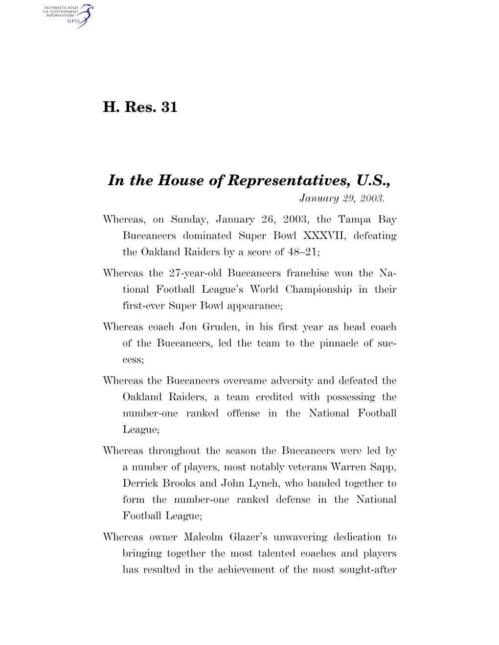 H. Res. 31 in the House of Representatives, U.S