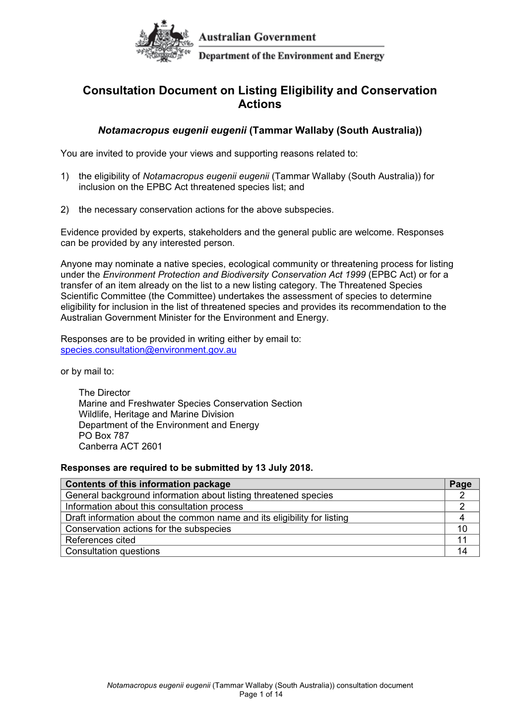 Consultation Document on Listing Eligibility and Conservation Actions Notamacropus Eugenii Eugenii (Tammar Wallaby (South Austra