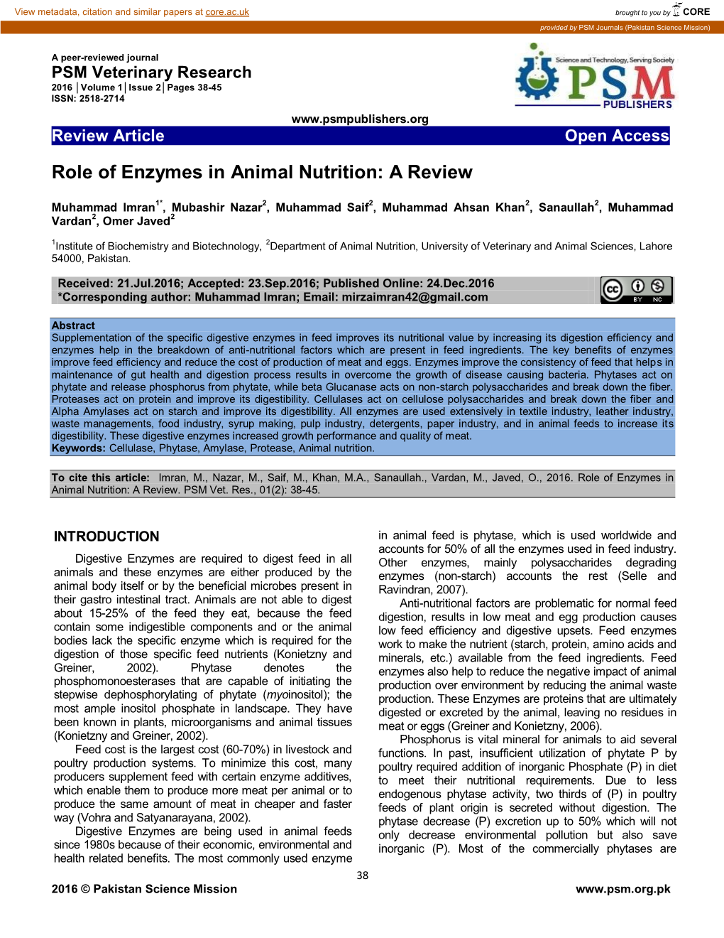 Role of Enzymes in Animal Nutrition: a Review