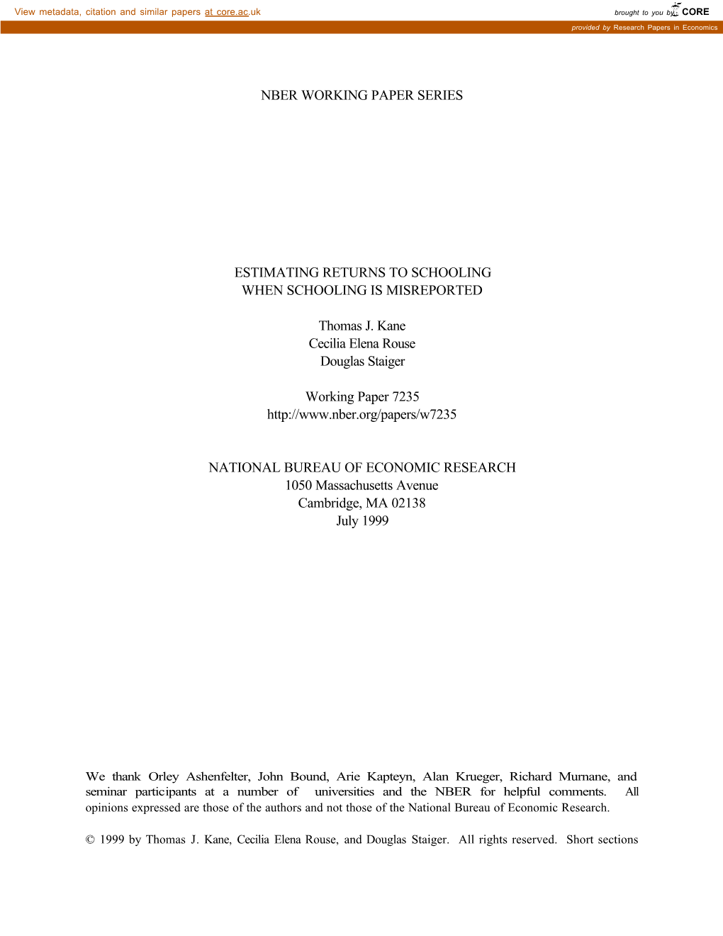 Nber Working Paper Series Estimating Returns To