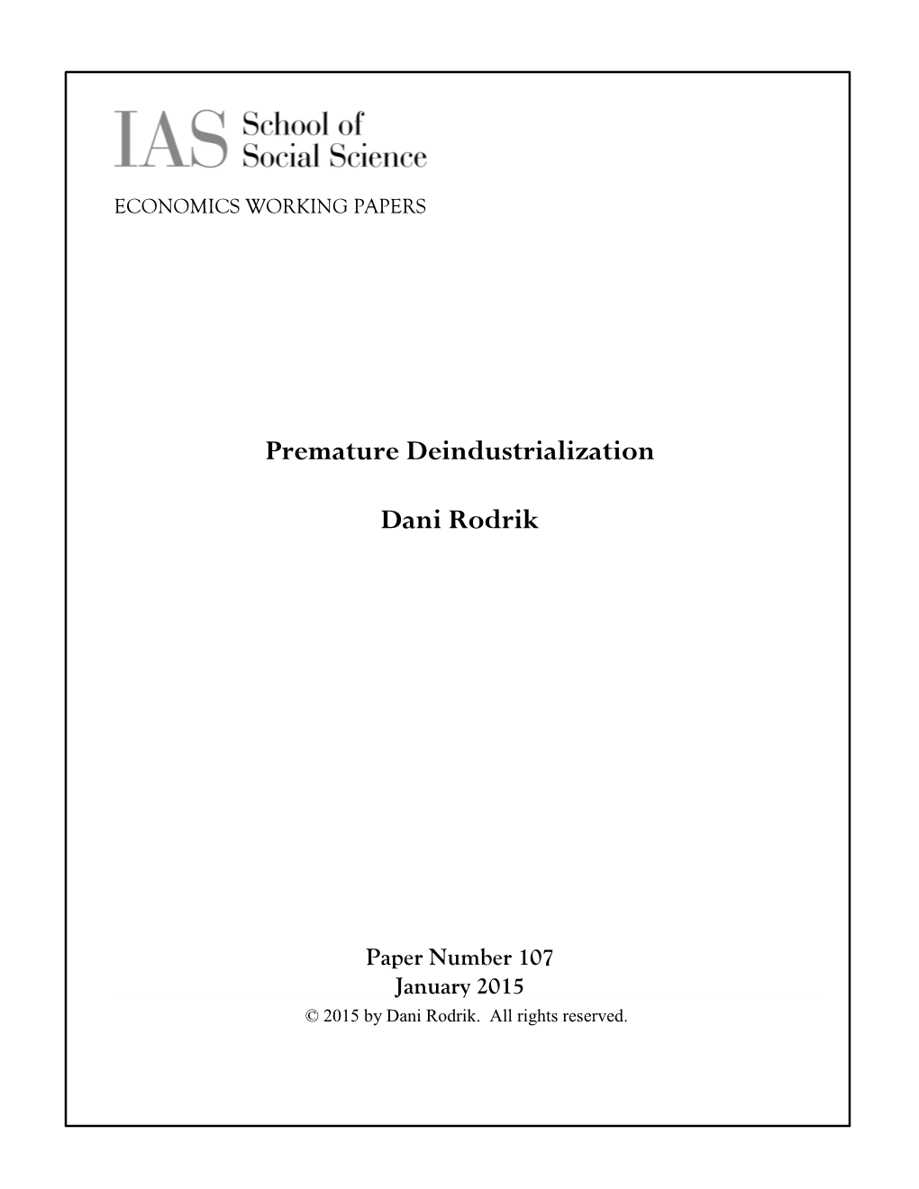 Premature Deindustrialization Dani Rodrik