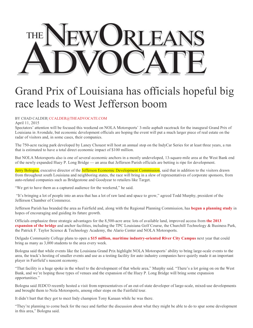 Grand Prix of Louisiana Has Officials Hopeful Big Race Leads to West Jefferson Boom