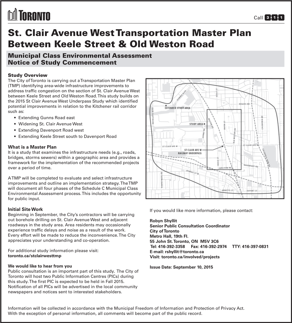St. Clair Avenue West Transportation Master Plan Between Keele Street & Old Weston Road Municipal Class Environmental Assessment Notice of Study Commencement