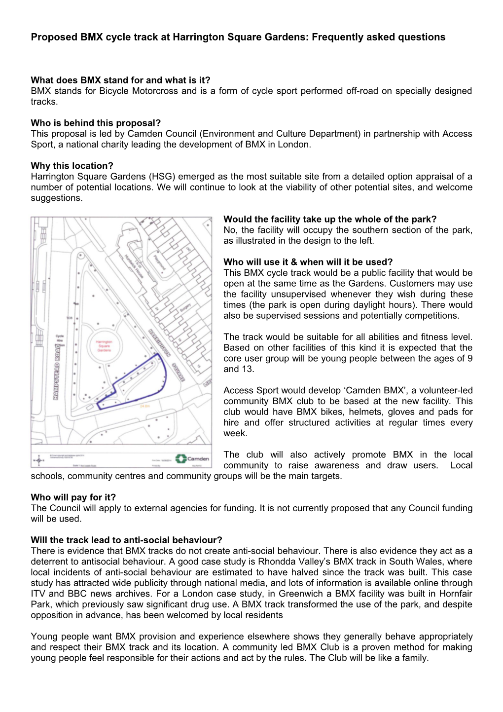 Proposed BMX Cycle Track at Harrington Square Gardens: Frequently Asked Questions