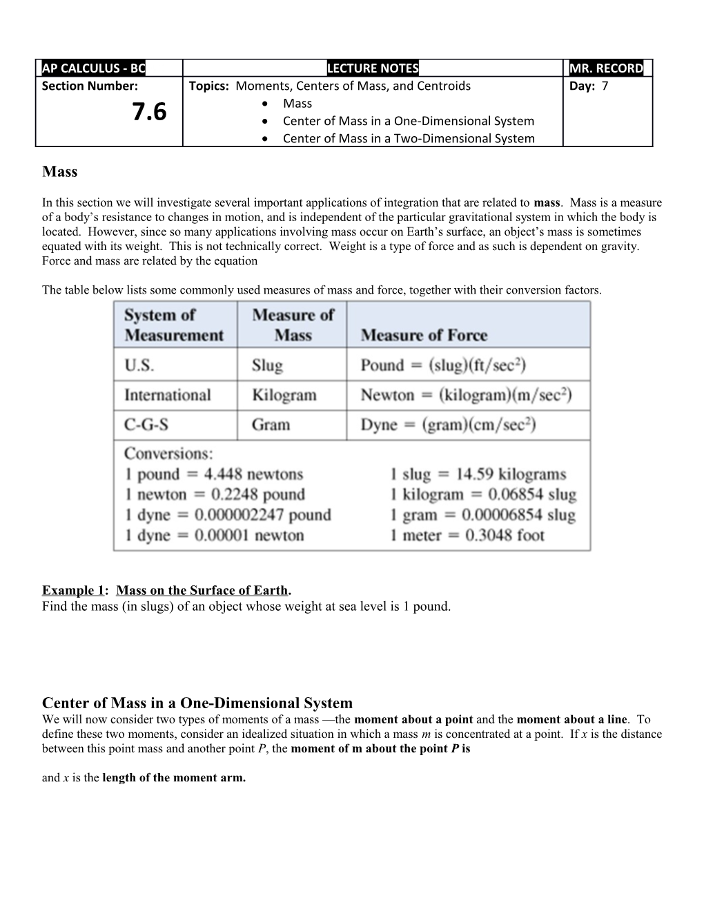 Example 1: Mass on the Surface of Earth