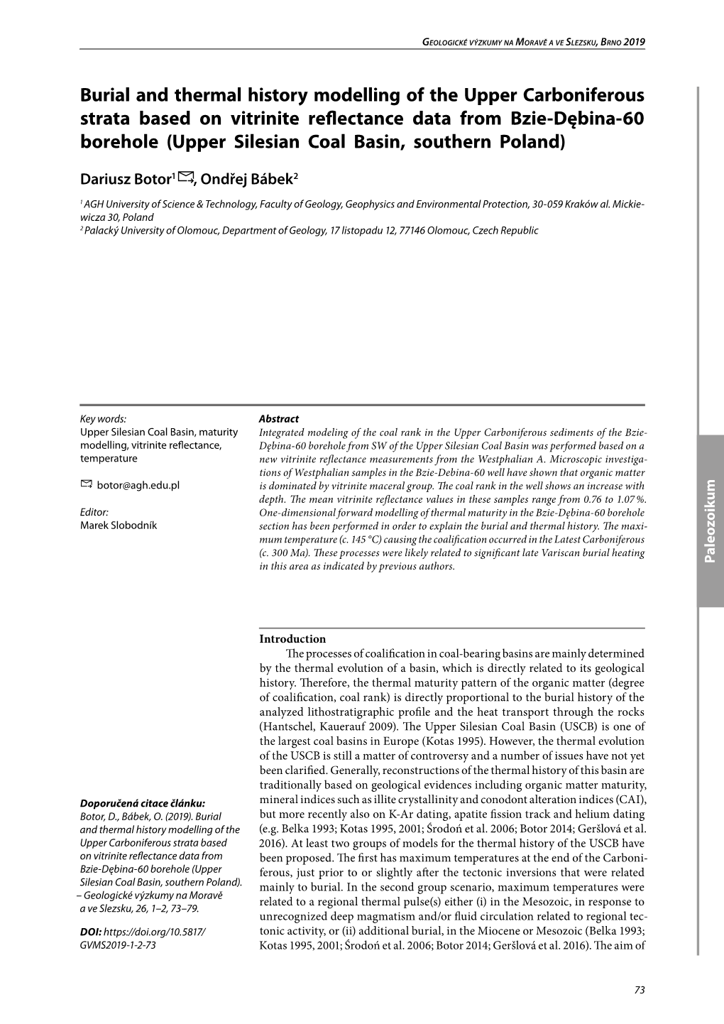 Burial and Thermal History Modelling of the Upper Carboniferous Strata Based on Vitrinite Reflectance Data from Bzie-Dębina-60