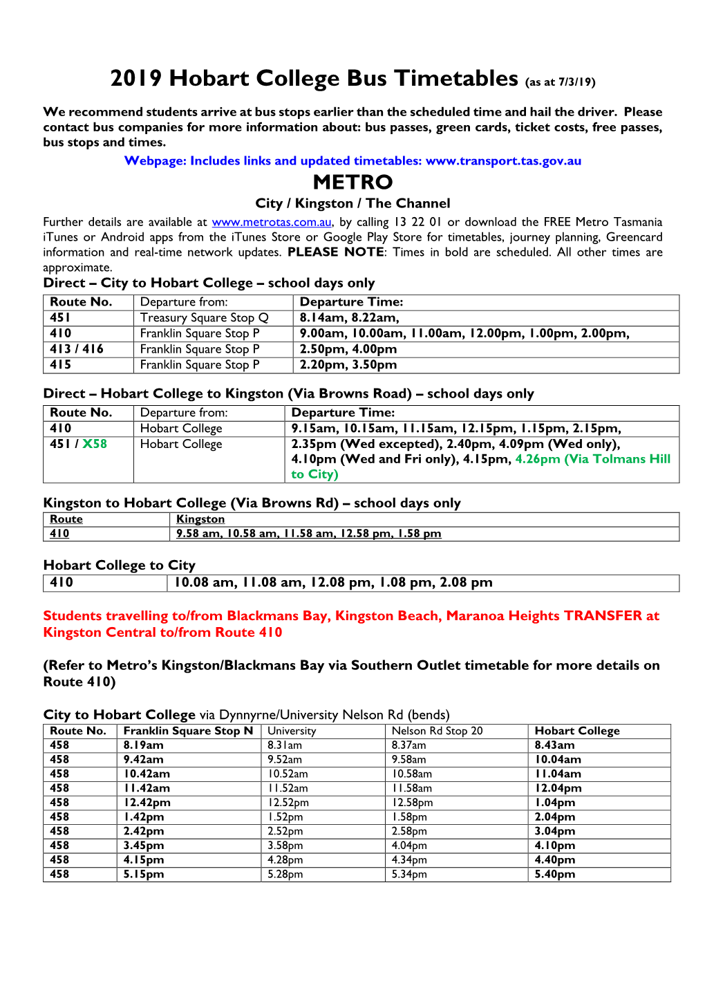 2019 Hobart College Bus Timetables (As at 7/3/19)