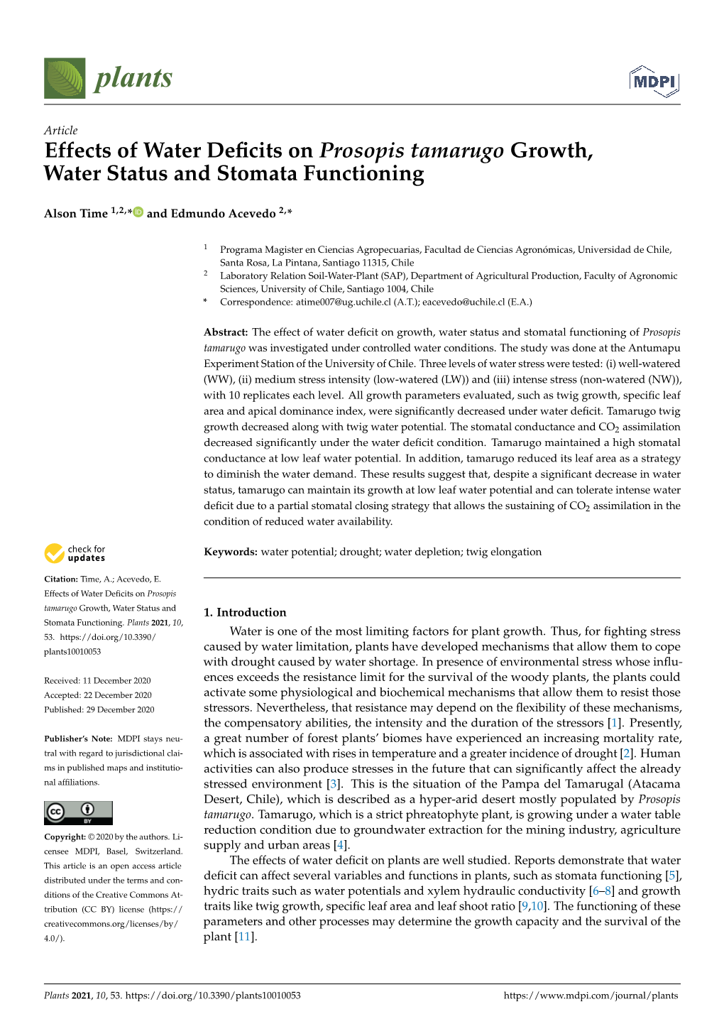 Effects of Water Deficits on Prosopis Tamarugo Growth, Water Status And