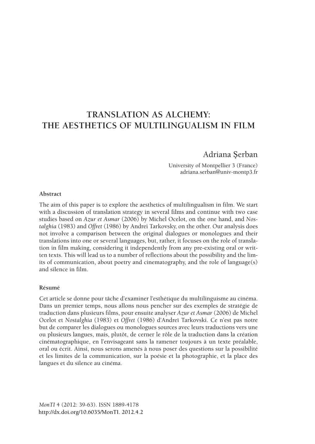 Translation As Alchemy: the Aesthetics of Multilingualism in Film