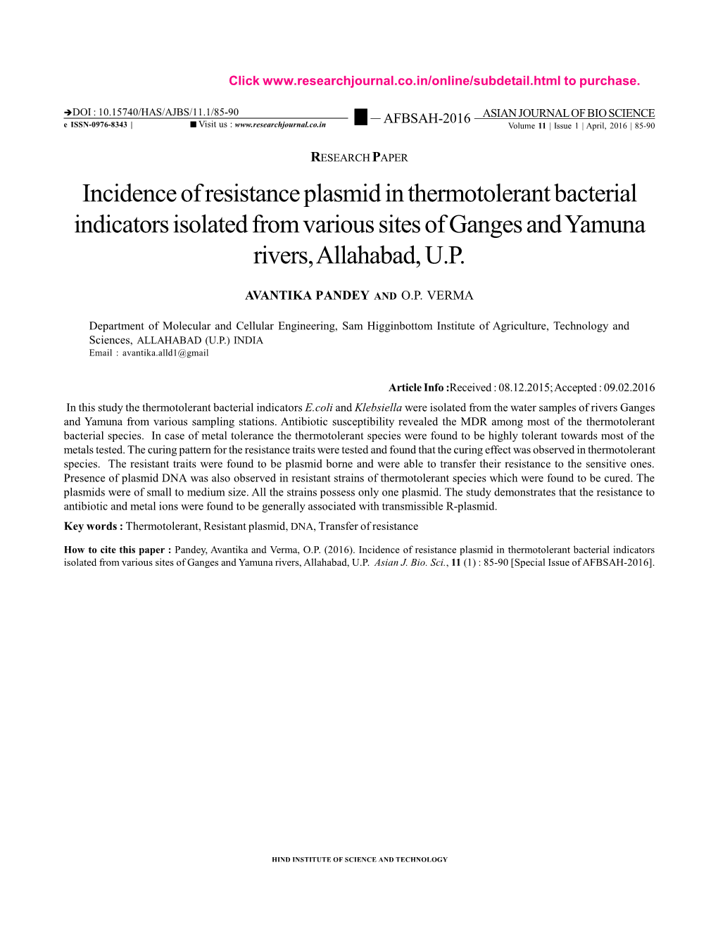 Incidence of Resistance Plasmid in Thermotolerant Bacterial Indicators Isolated from Various Sites of Ganges and Yamuna Rivers, Allahabad, U.P