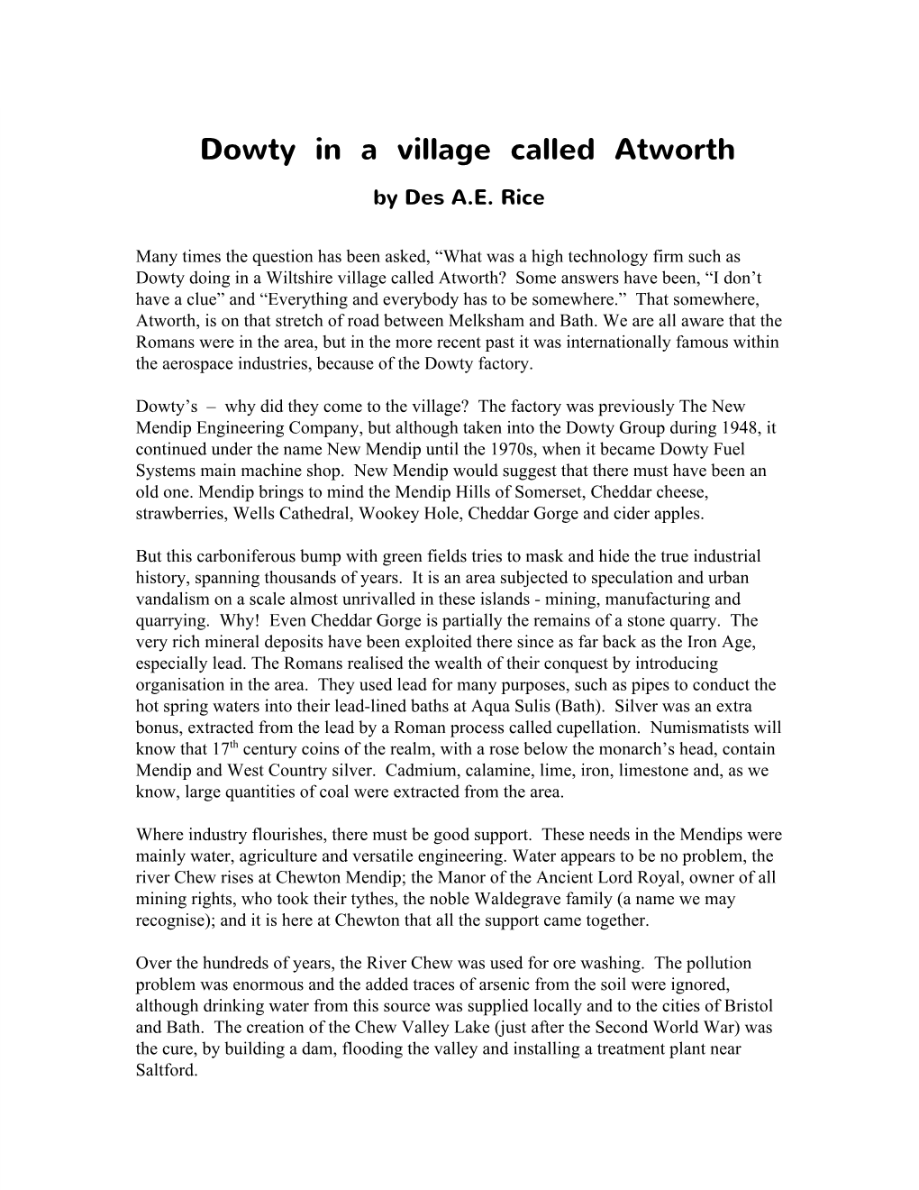 Dowty in a Village Called Atworth by Des A.E