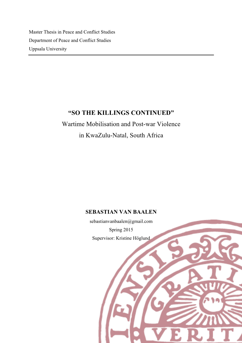 Wartime Mobilisation and Post-War Violence in Kwazulu-Natal, South Africa