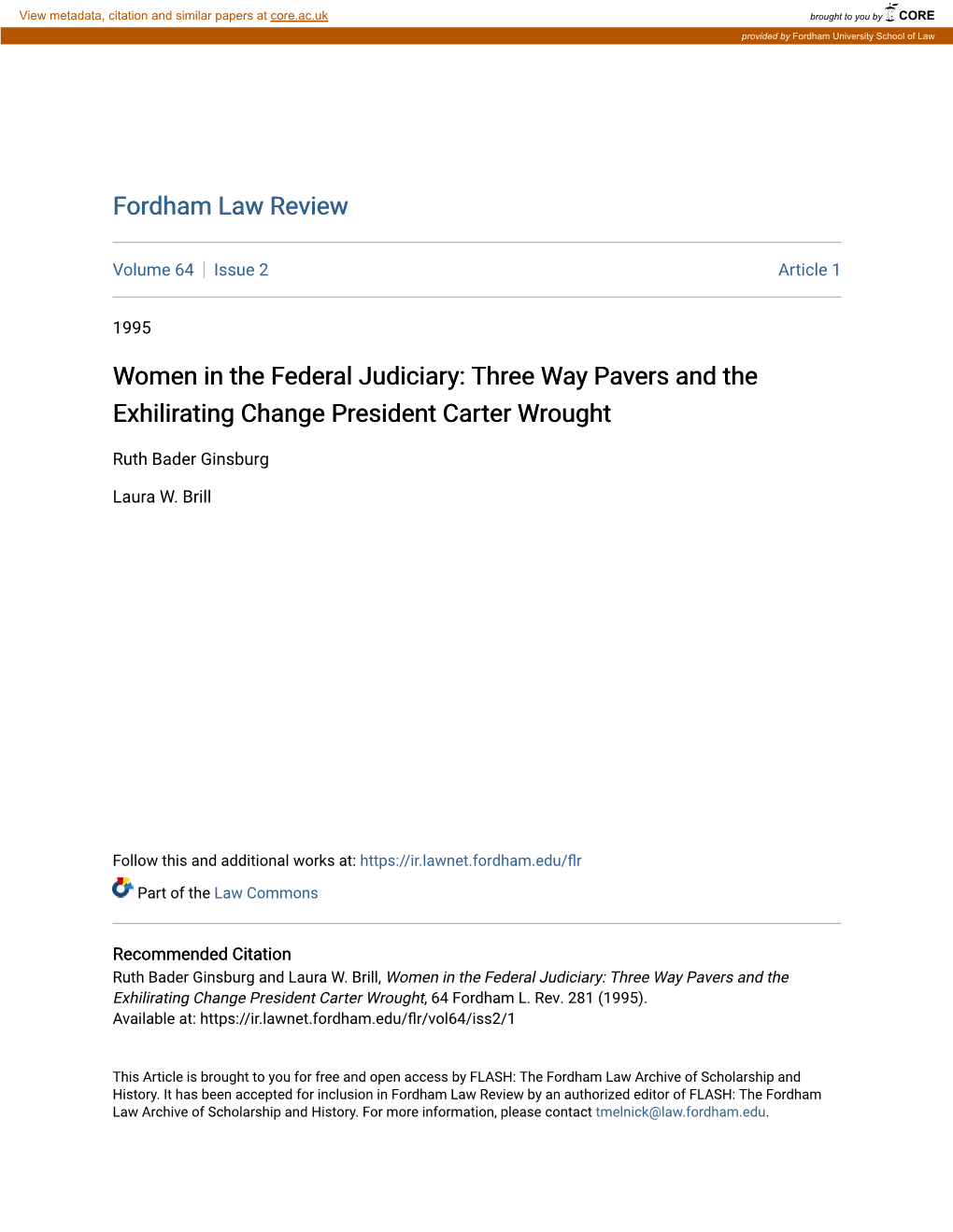 Women in the Federal Judiciary: Three Way Pavers and the Exhilirating Change President Carter Wrought