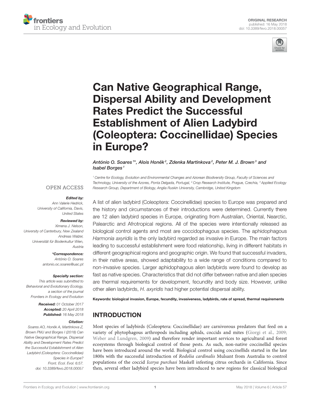 CH Published: 16 May 2018 Doi: 10.3389/Fevo.2018.00057