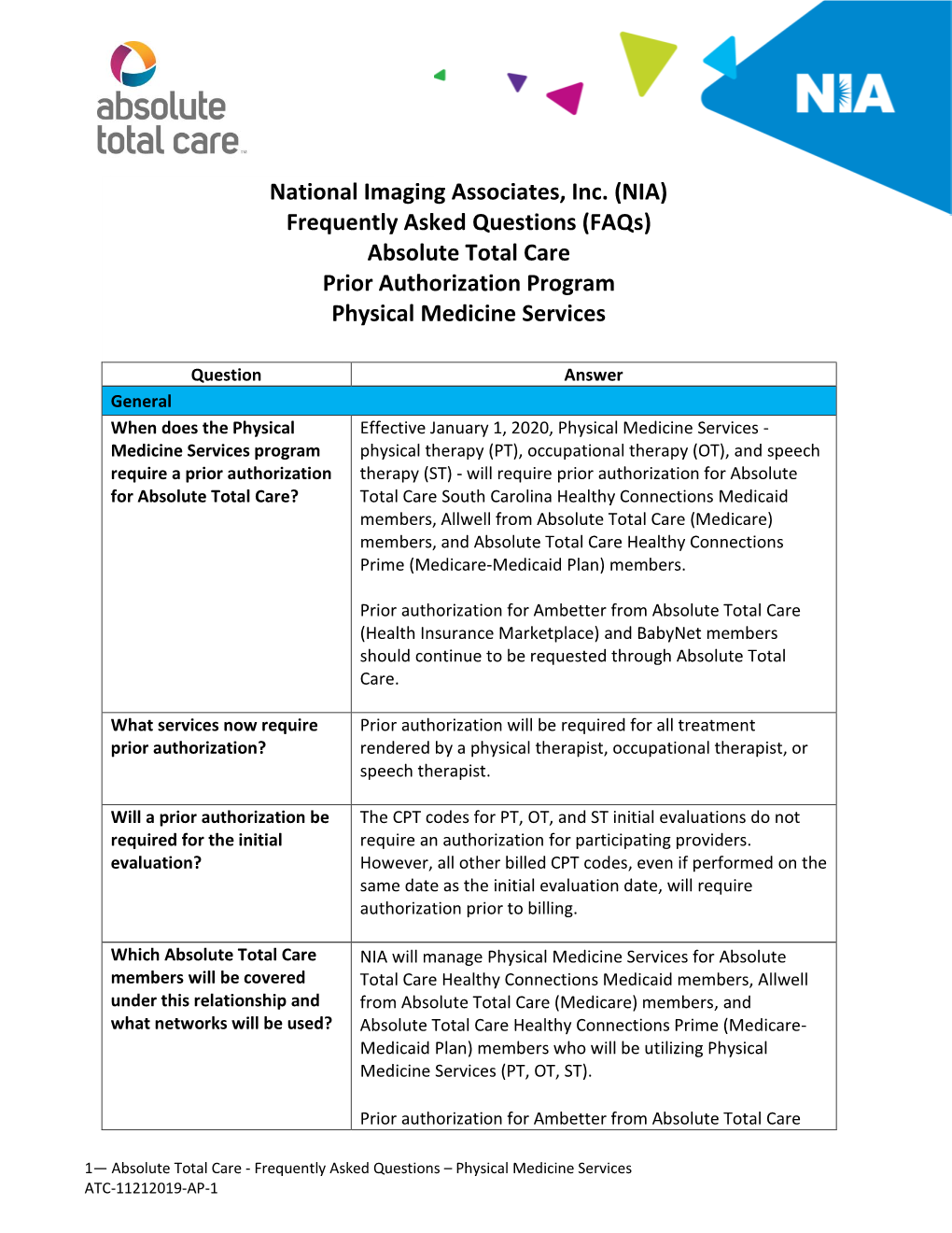 (NIA) Frequently Asked Questions (Faqs) Absolute Total Care Prior Authorization Program Physical Medicine Services