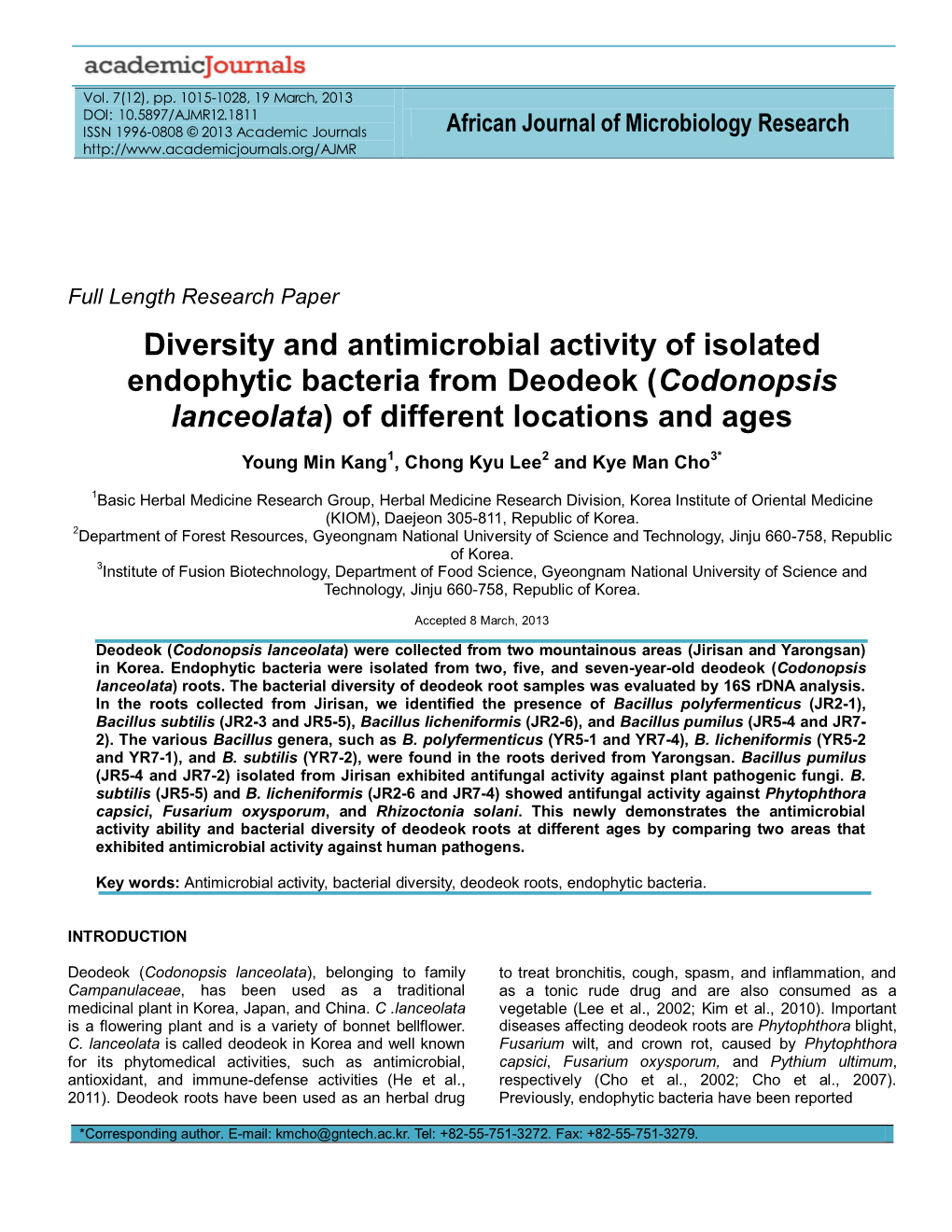 Diversity and Antimicrobial Activity of Isolated Endophytic Bacteria from Deodeok (Codonopsis Lanceolata) of Different Locations and Ages
