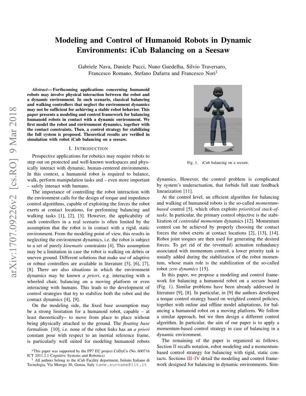 Modeling and Control of Humanoid Robots in Dynamic Environments: Icub Balancing on a Seesaw