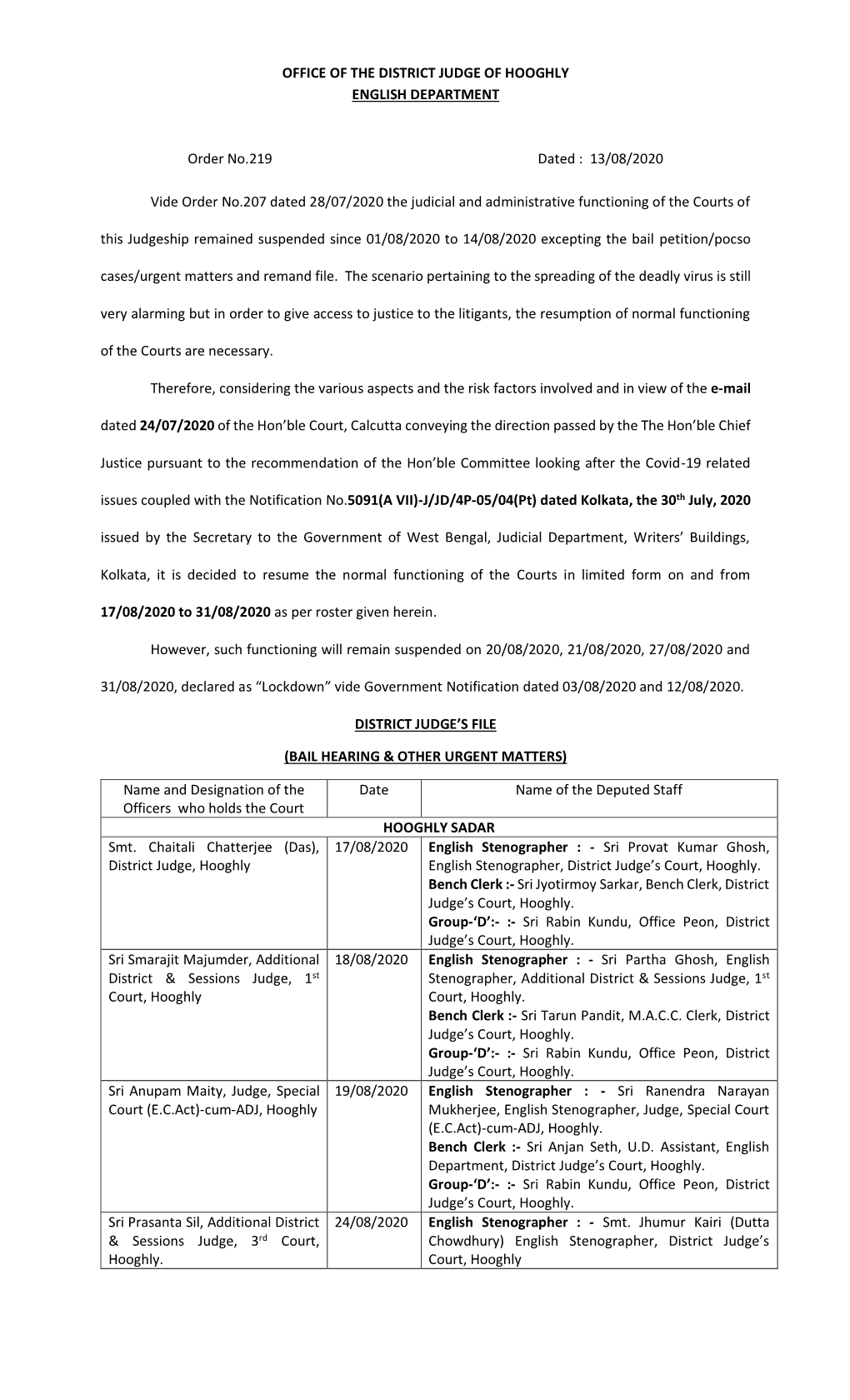 Order No 219 Duty Roster of Judicial Officer from 17.08