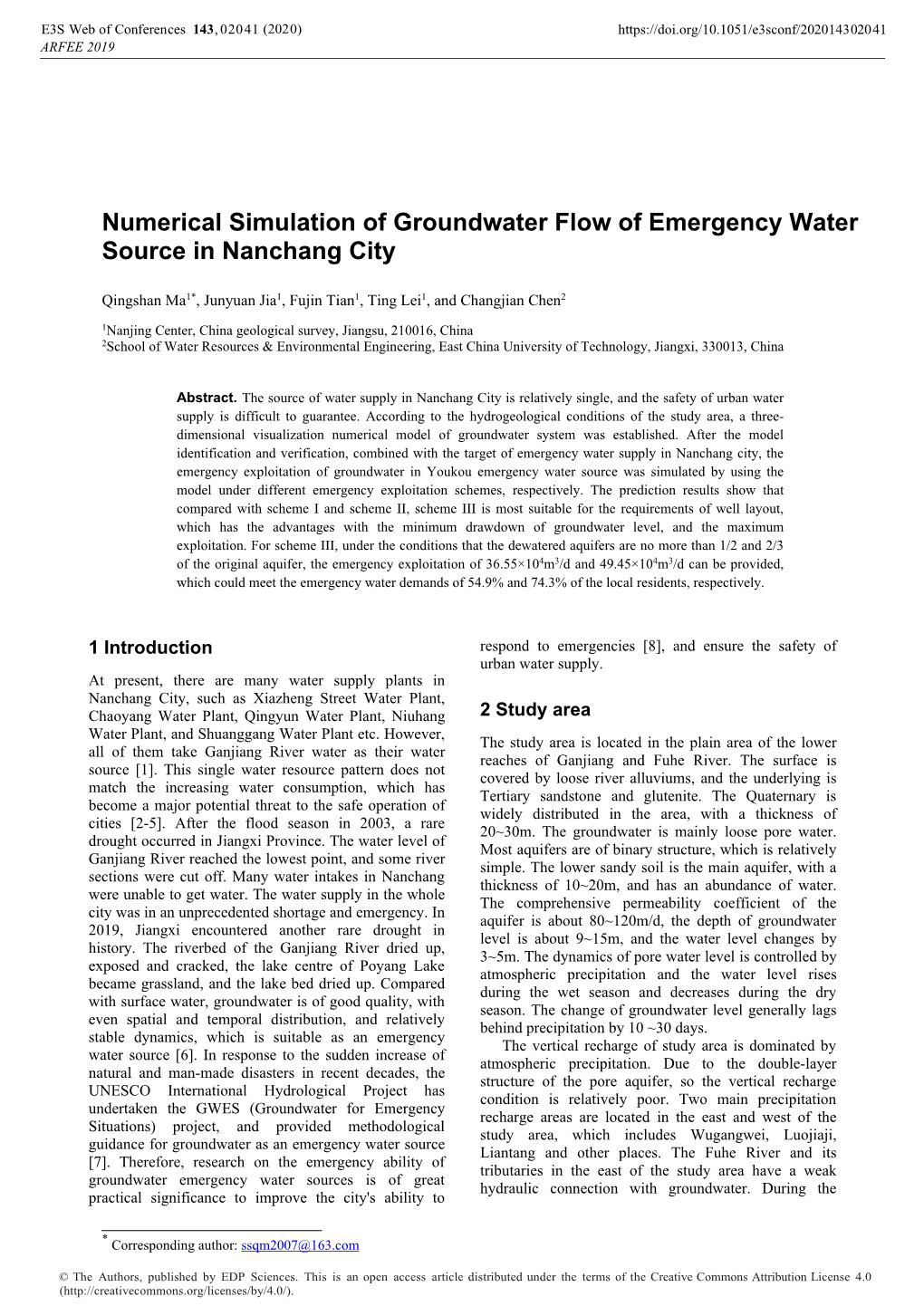 Numerical Simulation of Groundwater Flow of Emergency Water Source in Nanchang City