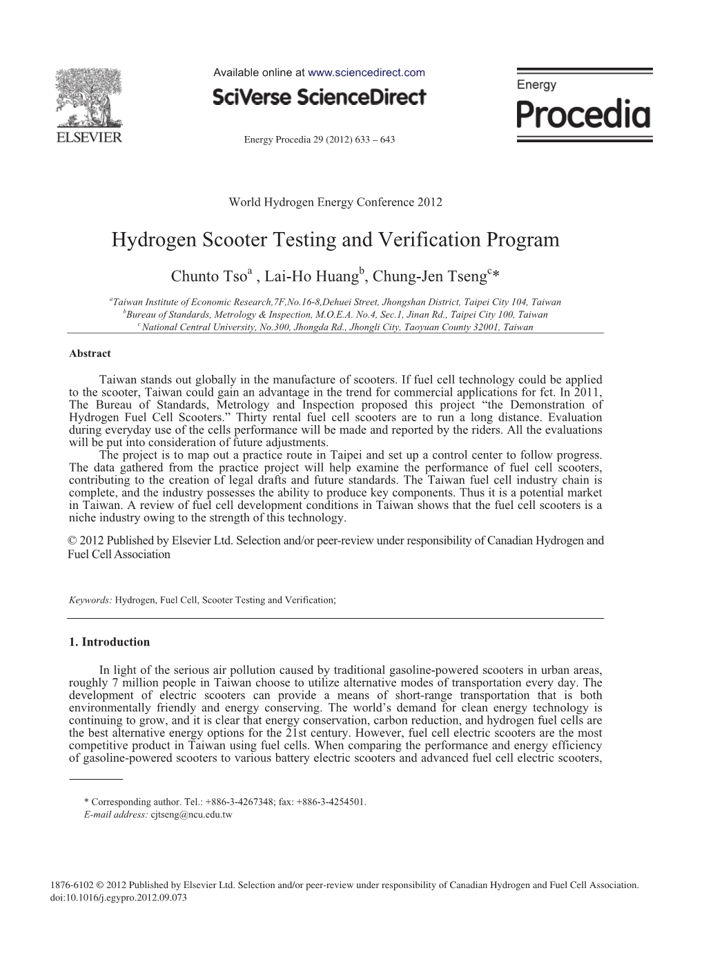 Hydrogen Scooter Testing and Verification Program