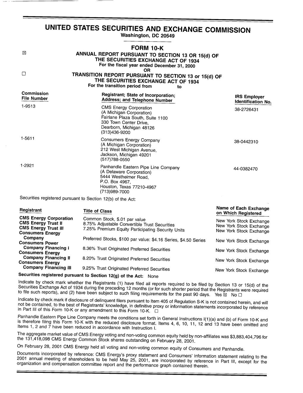 CMS Energy Corp., Consumer Energy Co., and Panhandle Eastern Pipe