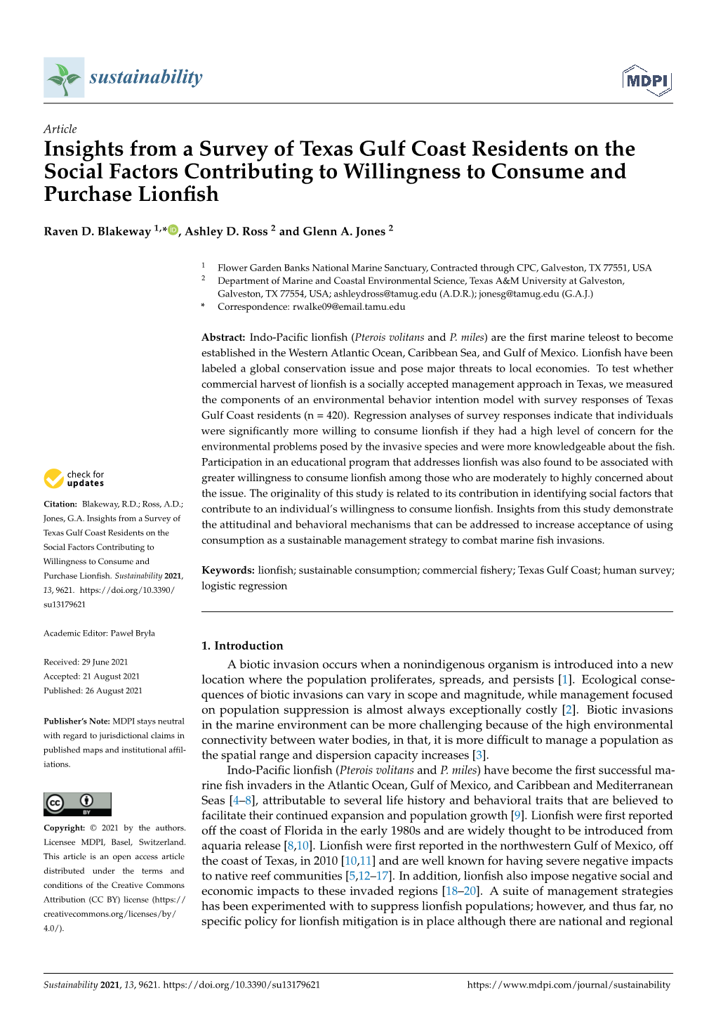 Insights from a Survey of Texas Gulf Coast Residents on the Social Factors Contributing to Willingness to Consume and Purchase Lionﬁsh