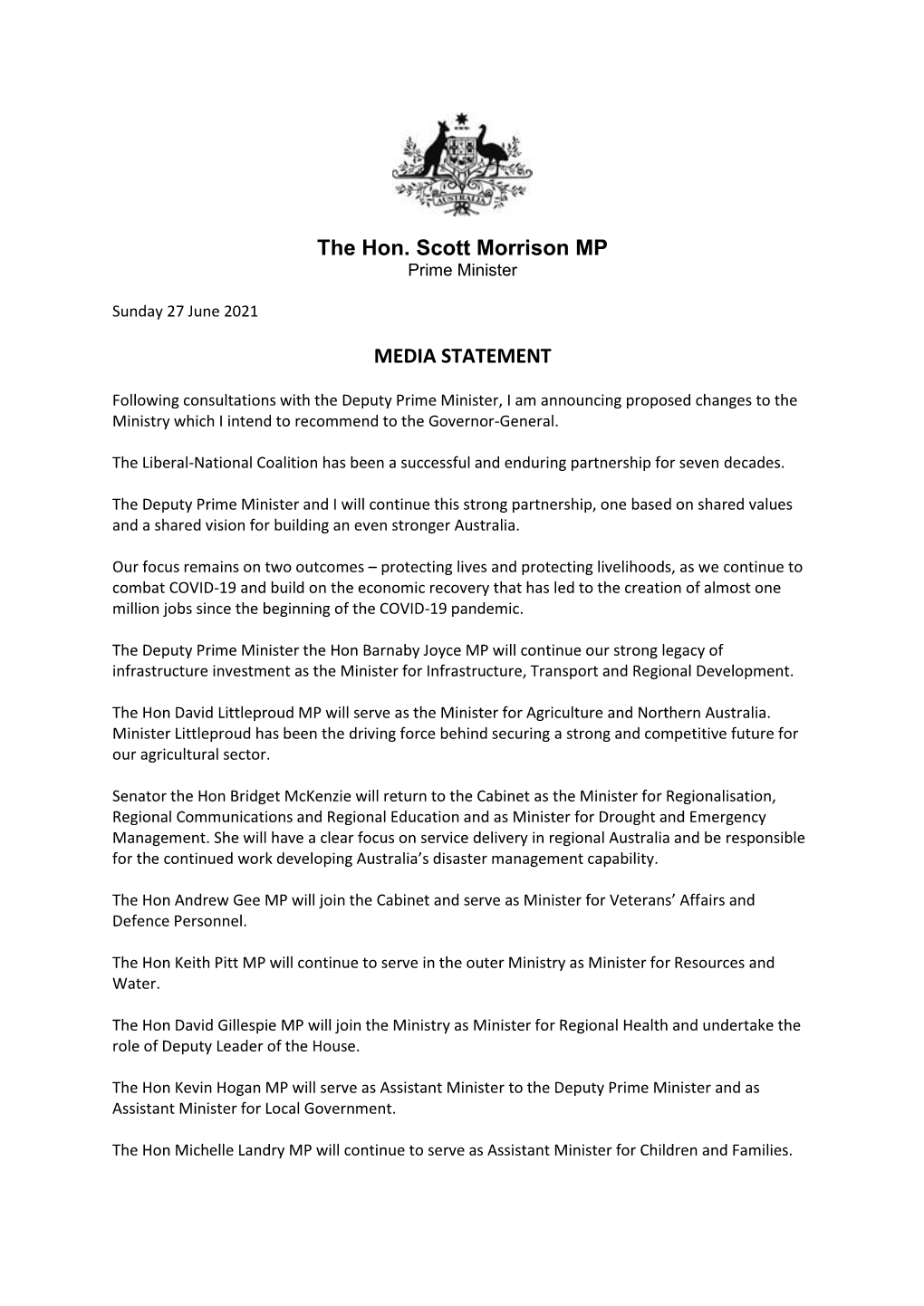 The Hon. Scott Morrison MP MEDIA STATEMENT