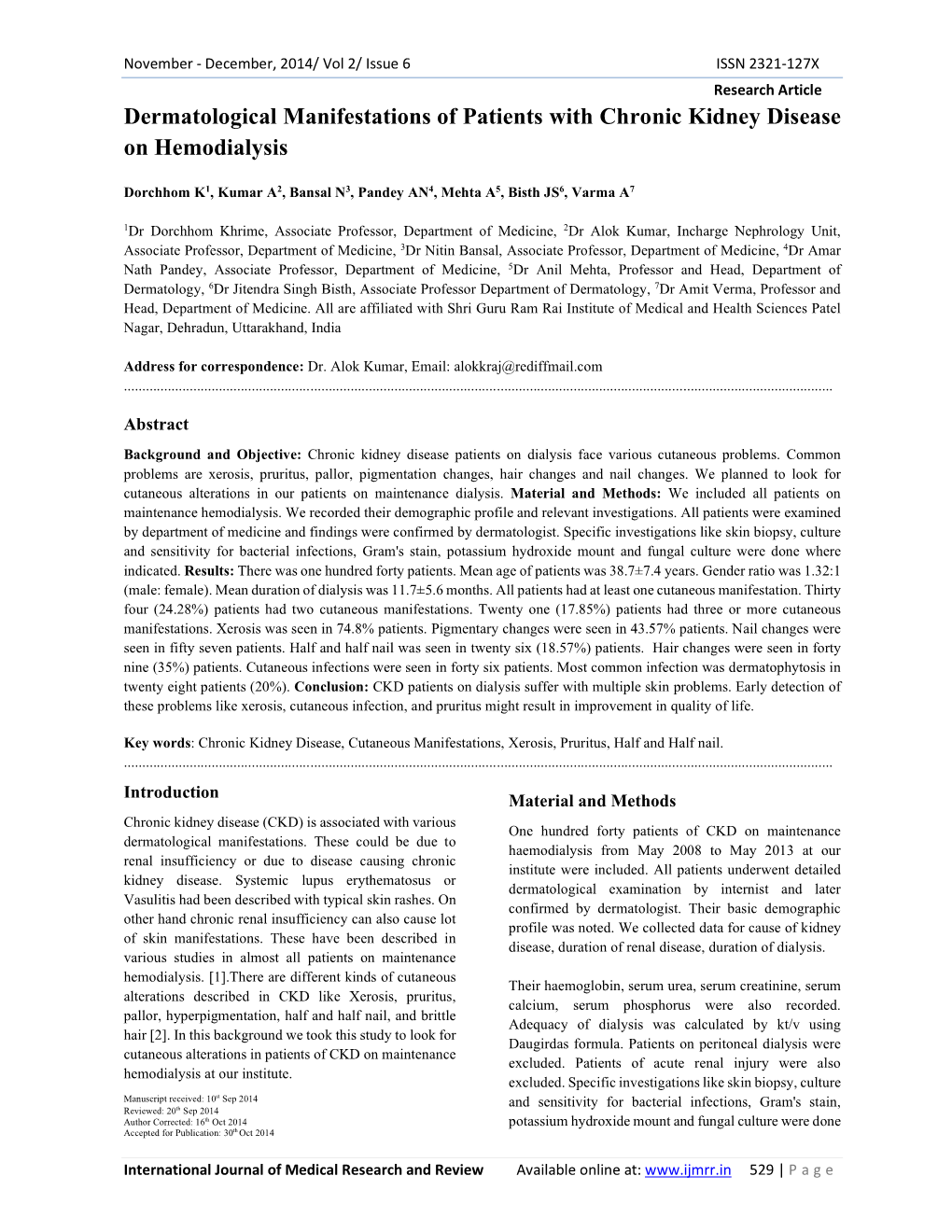 Dermatological Manifestations of Patients with Chronic Kidney Disease on Hemodialysis