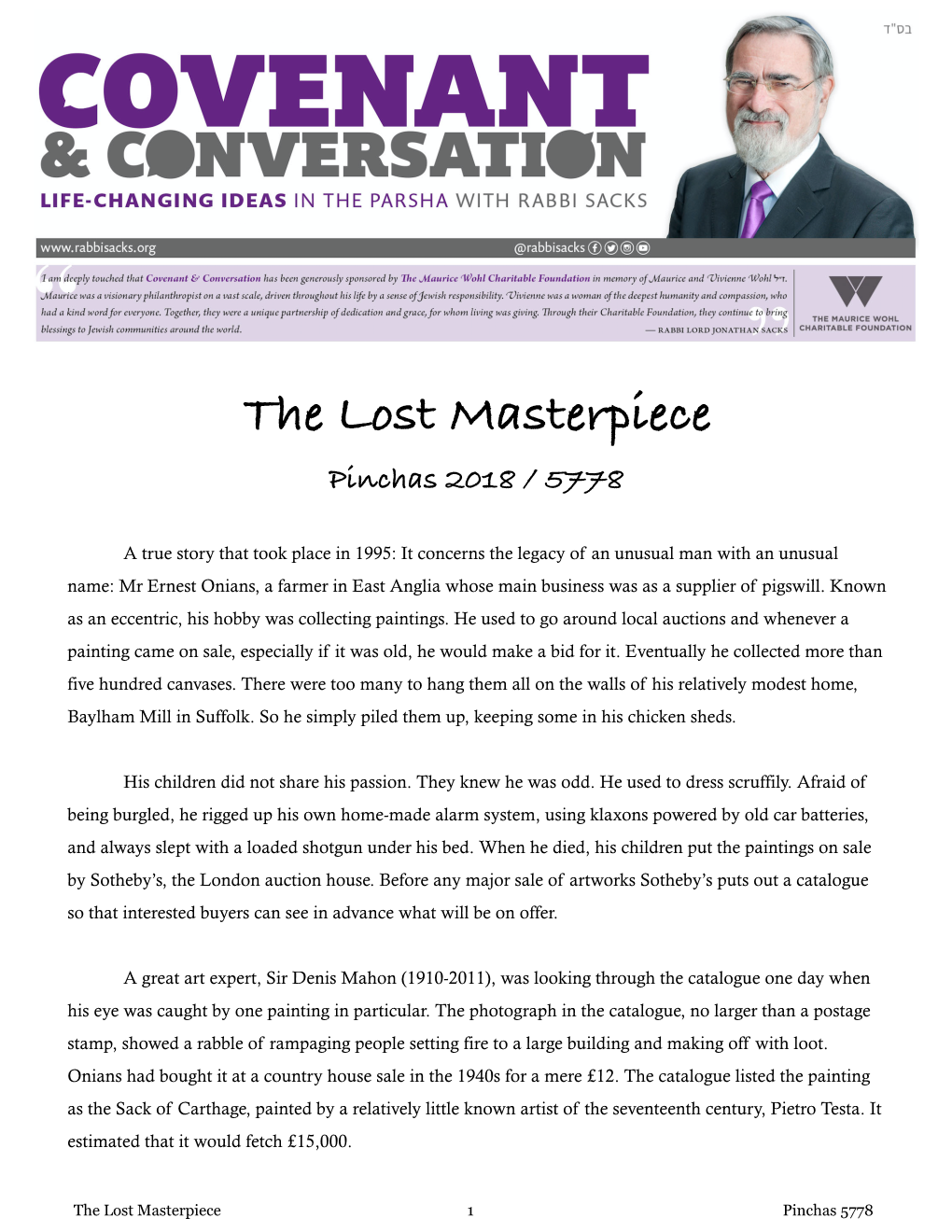 The Lost Masterpiece Pinchas 2018 / 5778