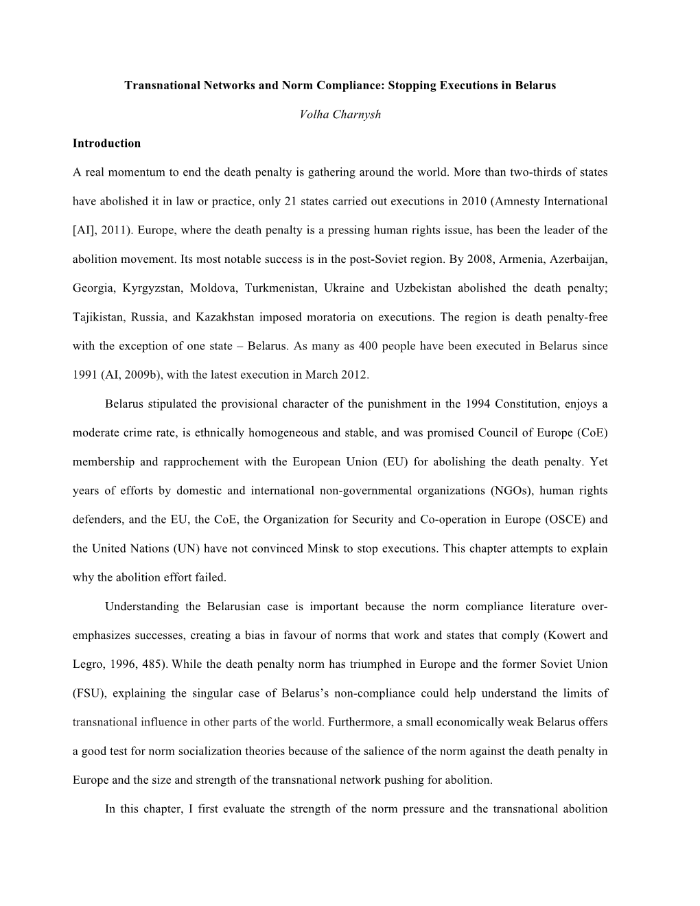 Transnational Networks and Norm Compliance: Stopping Executions in Belarus